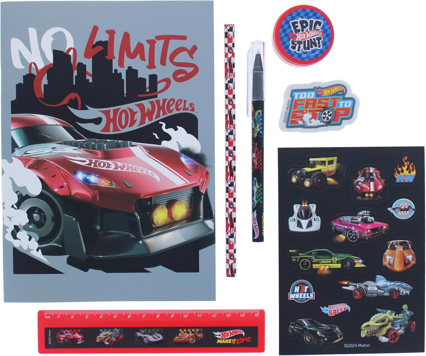 Hot Wheels Super Stationery Set | School Supplies for Boys | A5 Exercise Book, Hot Wheels Ruler, Pen, Pencil, Eraser, Sharpener & Stickers | Back to School Stationery