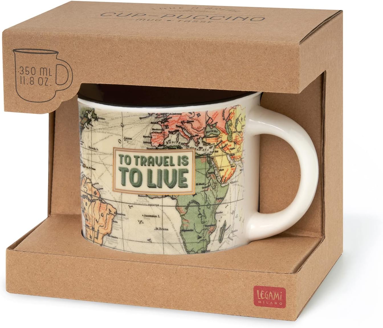 Legami - Puccino Mug, New Bone China Mug, Travel Theme, Take a Break Collection, 350 ml, Dishwasher Safe, Microwave Safe