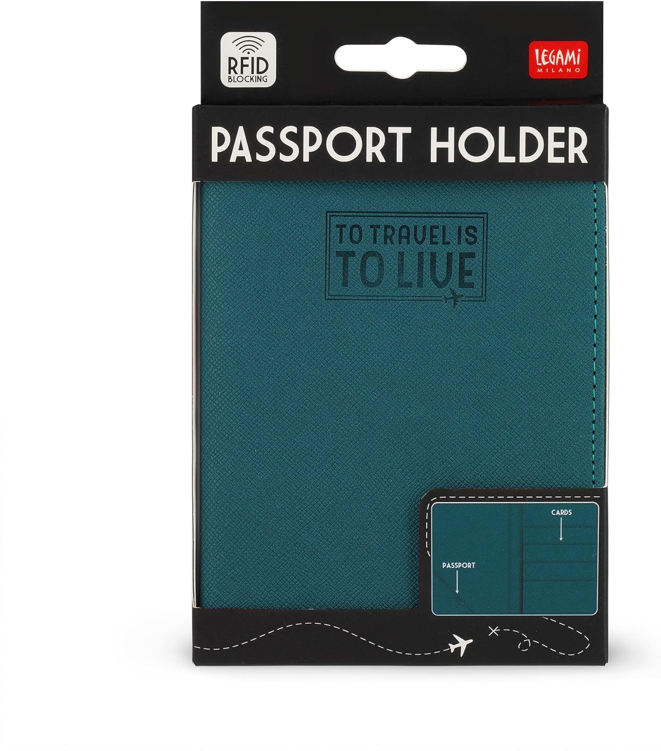 Legami - Petrol Blue Passport Holder, Passport Holder Wallet for Travel, Passport Case, 1 Passport Pocket, 4 Card Pockets, RFID Protection, 10.5 x 14 x 1 cm, Blue, S, Casual