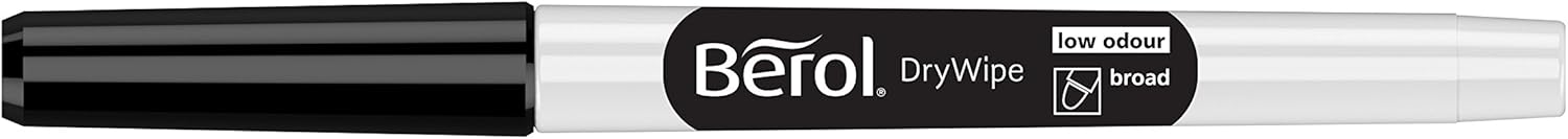 Berol Dry Wipe Whiteboard Marker Pens | Broad Tip | Black Low-Odour Ink | 12 Dry Erase Markers