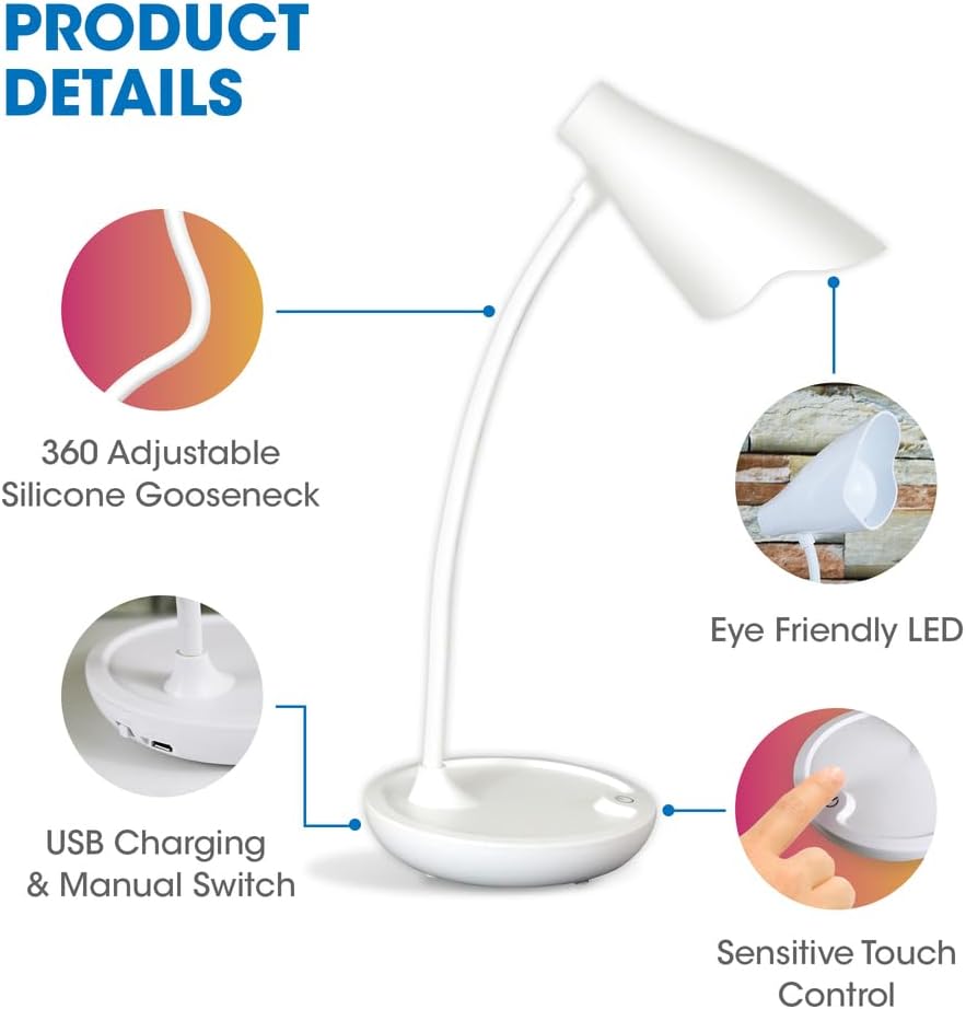 Unilux, Lámpara de Escritorio LED Ukky, Brazo Flexible Giratorio 360 °, Color Blanco