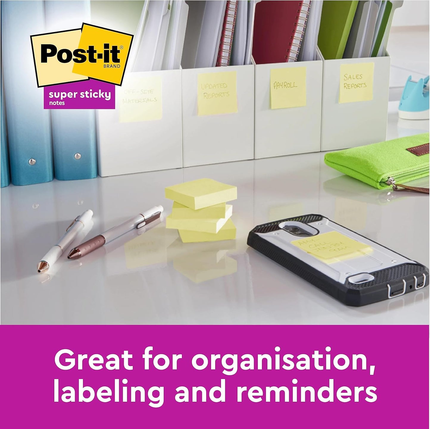 Post-it Super Sticky Notes, Canary Yellow, 24 Pads, 76 mm x 127 mm, 90 Sheets per Pad - Self-Sticking Notes for Walls, Monitors and Fridge