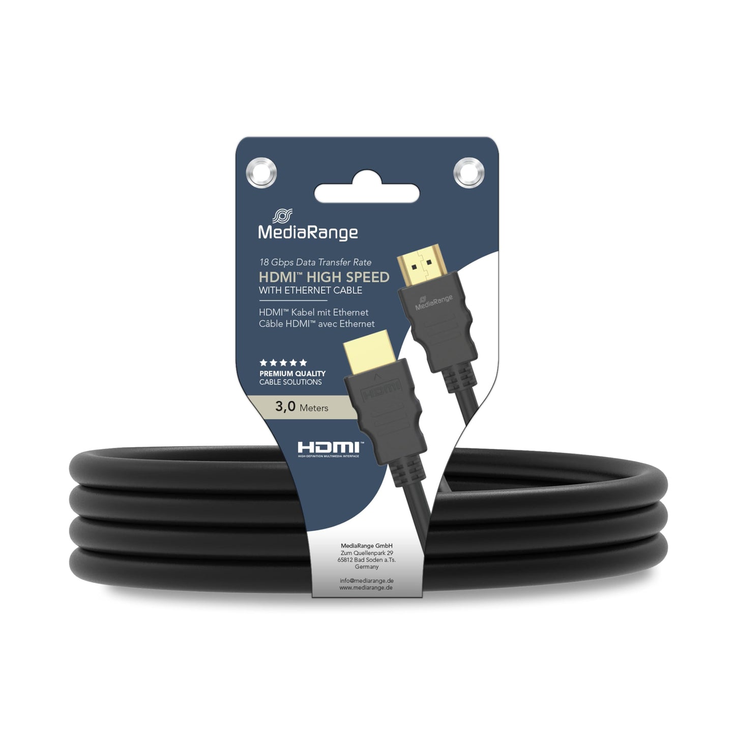 MediaRange HDMI High Speed Connection Cable with Ethernet, Gold-Plated Contacts, 18 Gbit/s Data Transfer Rate, 3.0 m, Black