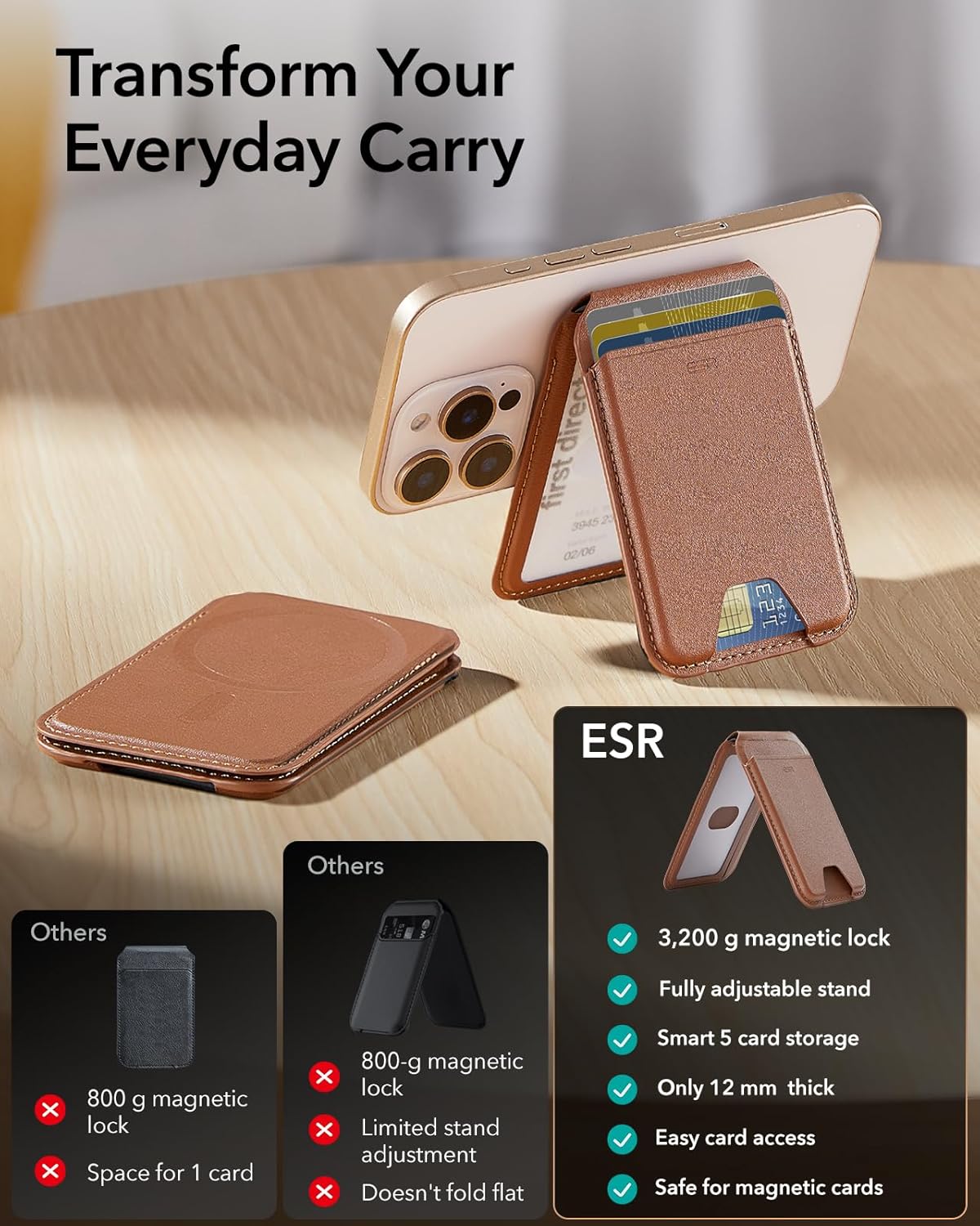 ESR Magnetic Wallet (HaloLock), Compatible with MagSafe Wallet, with Adjustable Stand, for iPhone 16/15/14/13/12 Series, Not for 13/12 mini, 3 Card Holder, Vegan Leather, Brown