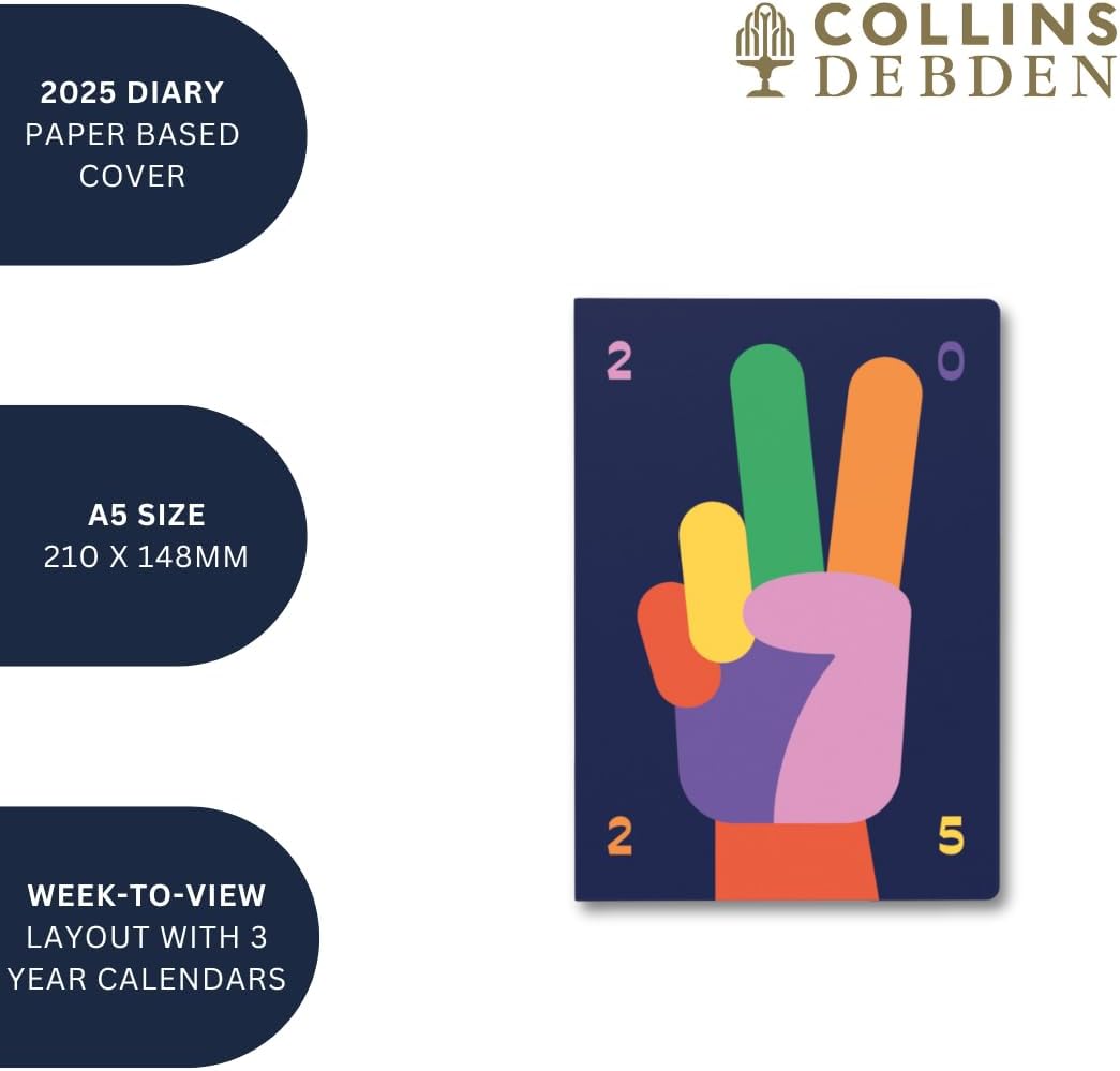 Collins Peace, Love & Understanding 2025 Planner - A5 Week to View Diary - Navy - (E-PLU153.PZ-25) - Stylish Weekly Eco Diary with Recycled Paper