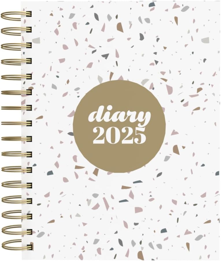 Collins Scandi 2025 Diary - A5 Day to Page Journal with Appointments - NEW - White Terrazzo - (E-PW51.WHTZ-25) - Daily Planner with Hardback Wiro-Bound Covers and Recycled Paper