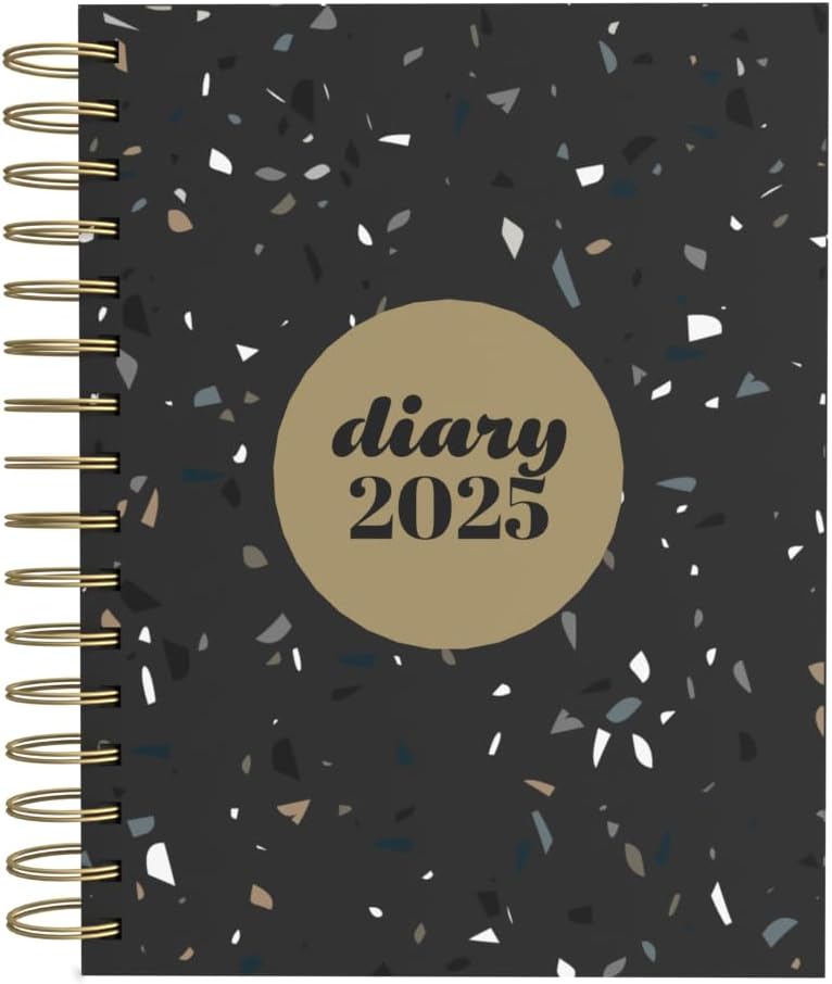 Collins Scandi 2025 Diary - A5 Day to Page Journal with Appointments - NEW - Black Terrazzo - (E-PW51.BLTZ-25) - Daily Planner with Hardback Wiro-Bound Covers and Recycled Paper