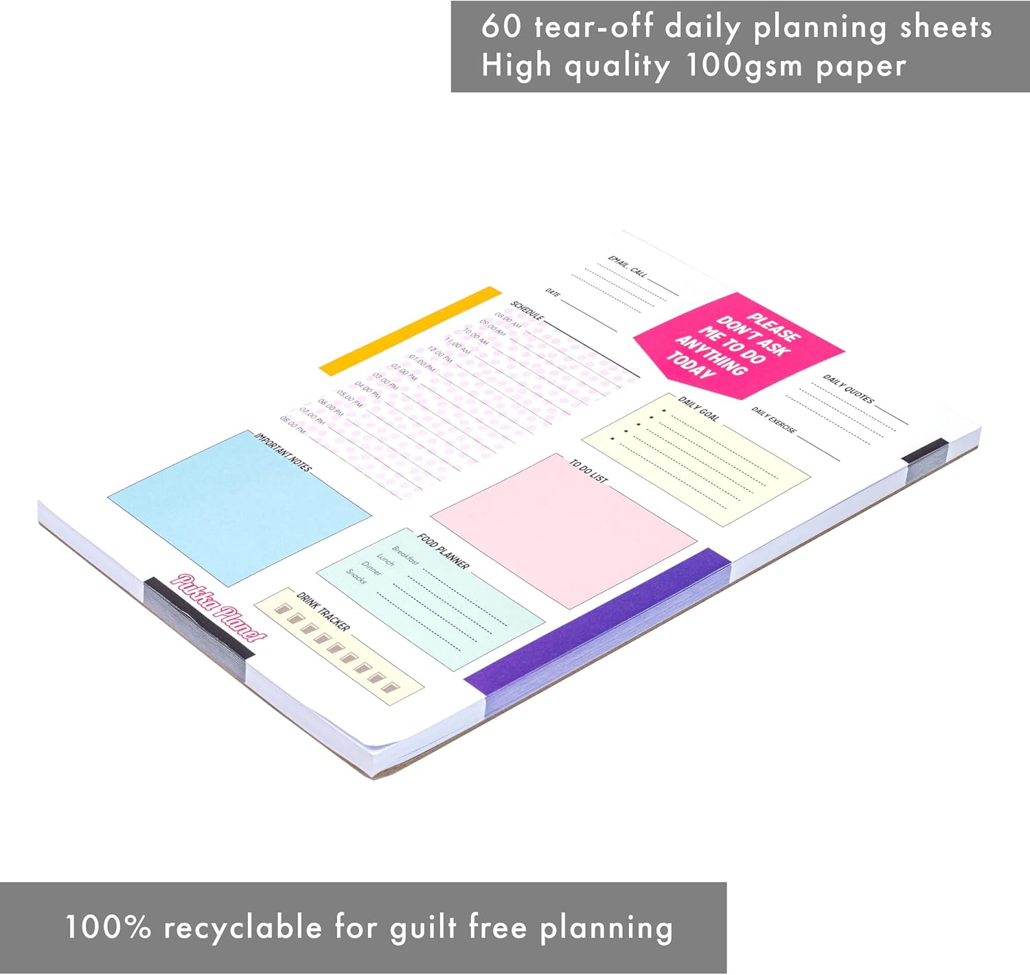 Pukka Pad, Pukka Planet B5 Daily Planner Pad Featuring 100% Recycled Paper with Space for Calls, Emails, Exercise, Goals, to-Go Lists, Notes, and Schedule – 25 x 19cm