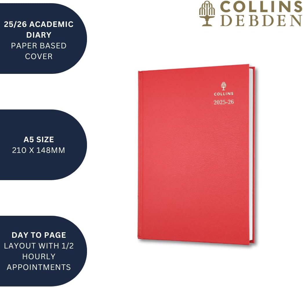 Collins 'Desk' 13 Month Mid/Academic Year Planner, July 2025-July 2026-52M.99-2526 - Day-to-Page Appointments Diary, A5 Hard Cover, Black