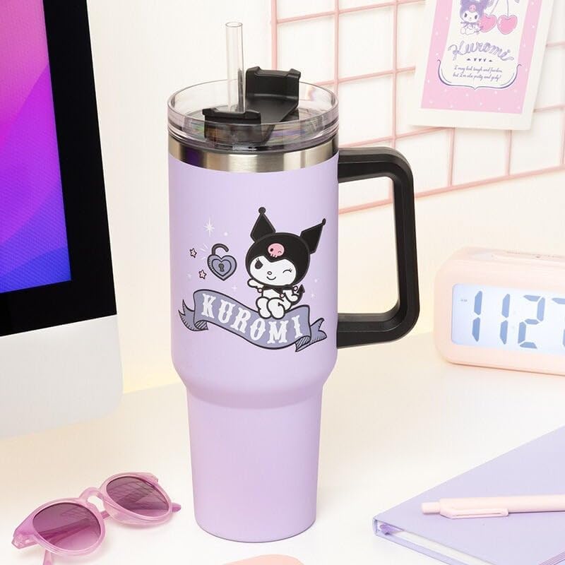 Paladone Kuromi 900ml Purple Insulated Cup and Straw, Officially Licensed Sanrio Hello Kitty & Friends Tumbler Bottle with Handle for Water, Iced Tea, Coffee, Cute Pop Culture Collectible for Fans