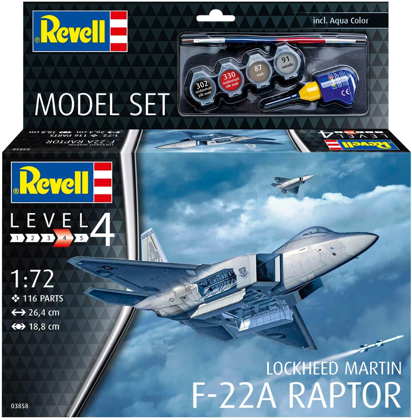 Revell Lockheed Martin F-22A Raptor - Maqueta de avión de combate con sigilo (incluye armamento, pegamento y pincel