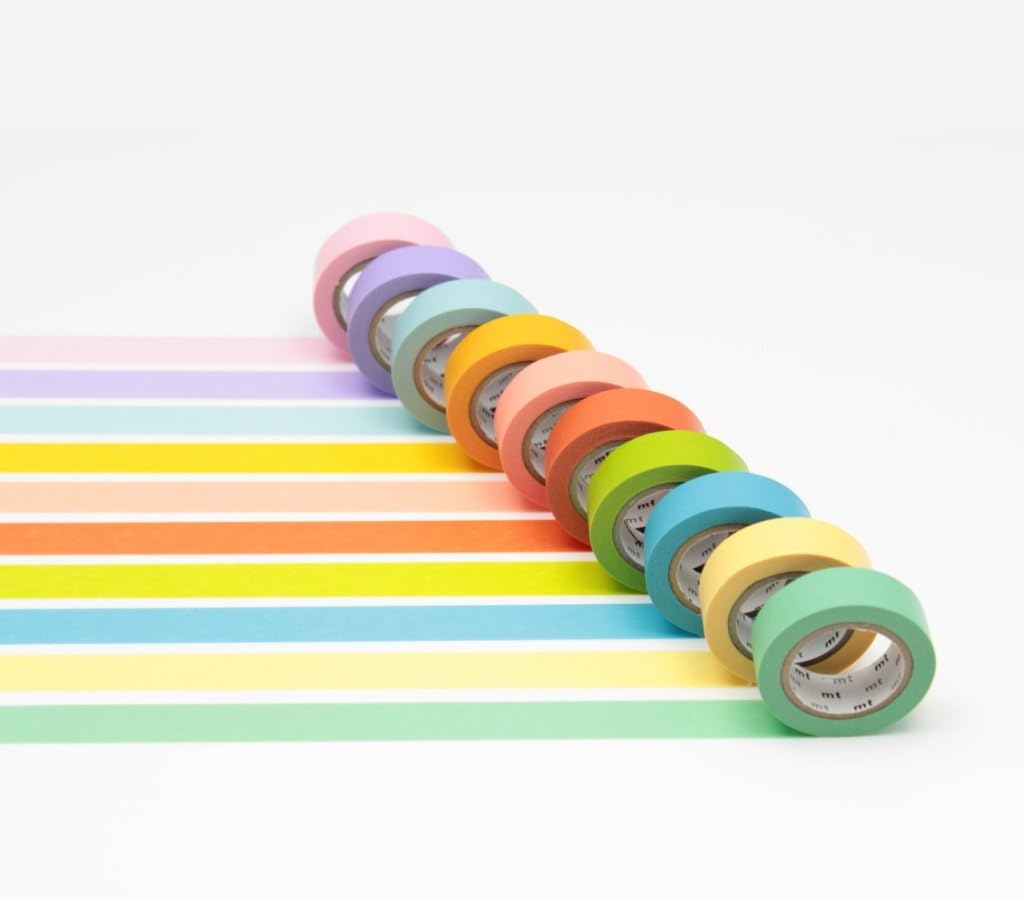 MT Masking Tape mt10p003z Plain Clear 2 Adhesive Strips 1.5 cm x 10 m Assorted Colours Pack of 10
