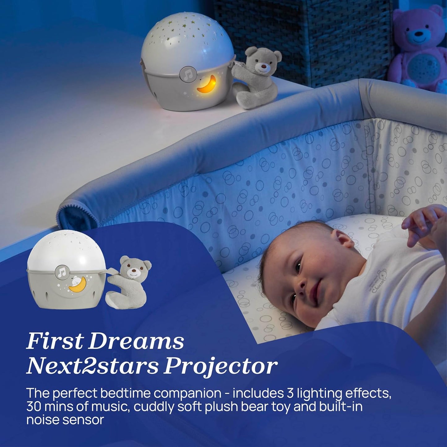 Chicco - Projectielamp Next2Stars - Sterrenprojector voor Baby - Sfeerlicht en Muziek - Voor Babybed of Reiswieg - Inclusief Knuffelbeertje