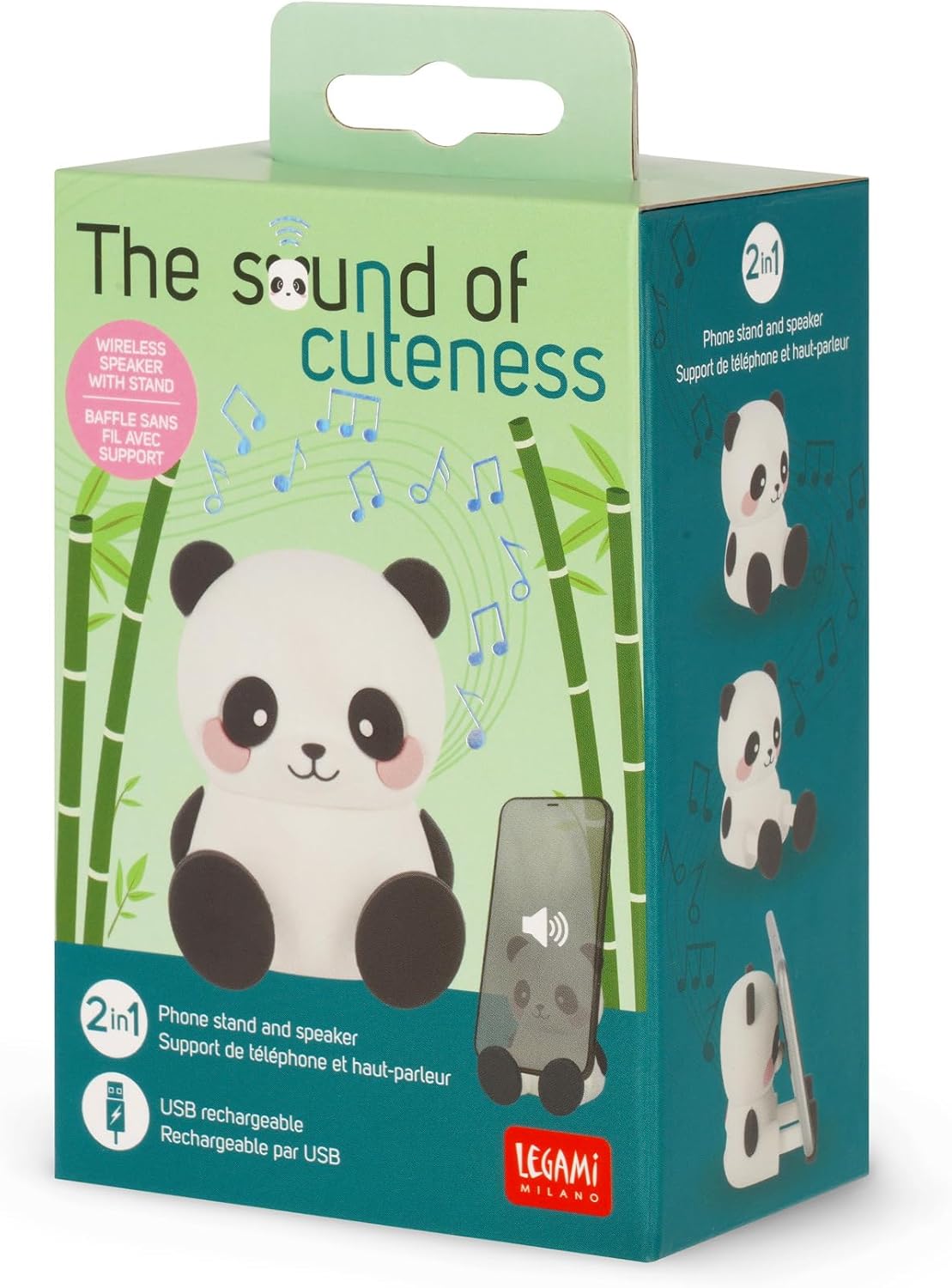 Legami - Wireless Speaker with Stand, The Sound of Cuteness, Panda Theme, Rechargeable, USB Cable Included, Can be Used as a Mobile Phone Holder, 6 x 8 x 5 cm