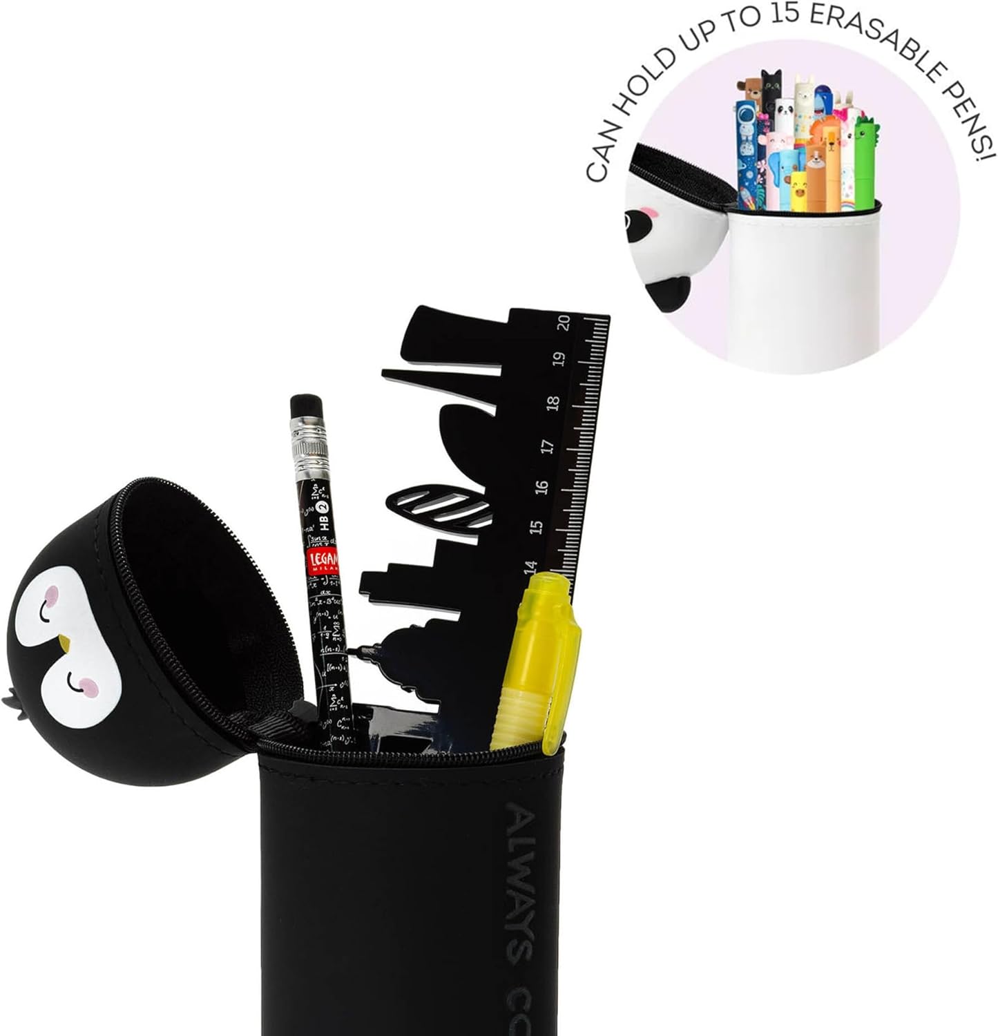 Legami - Kawaii School Pencil Case 2 in 1 Soft Silicone, Table Pen Holder, Zipper Closure, Crayon Pens Marker, H 18.5 cm