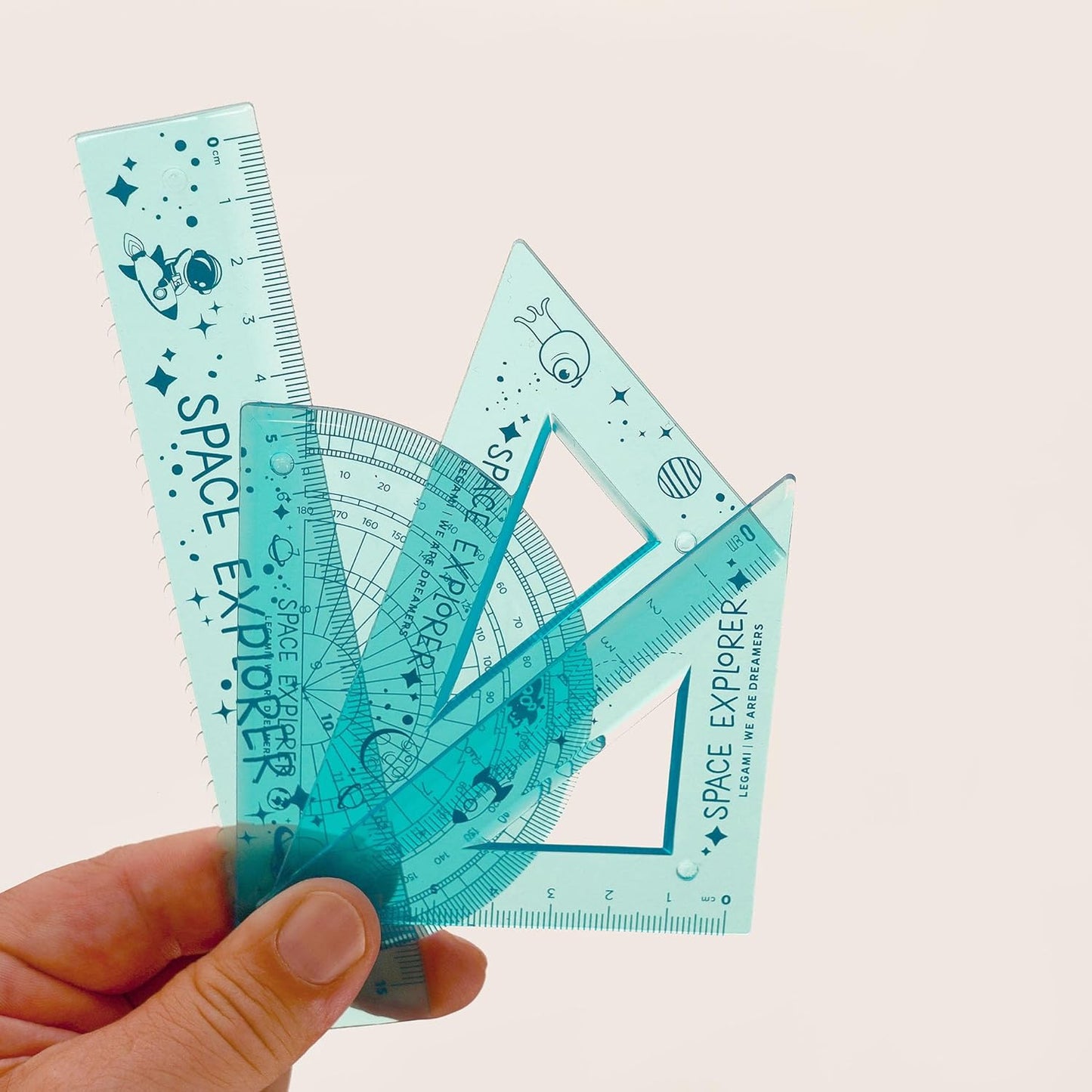Legami - Geometry Set with Ruler 15 cm, 60° Set Square 10 cm, Protractor 180° for School, Includes Bag, Flexible Material, Space Theme