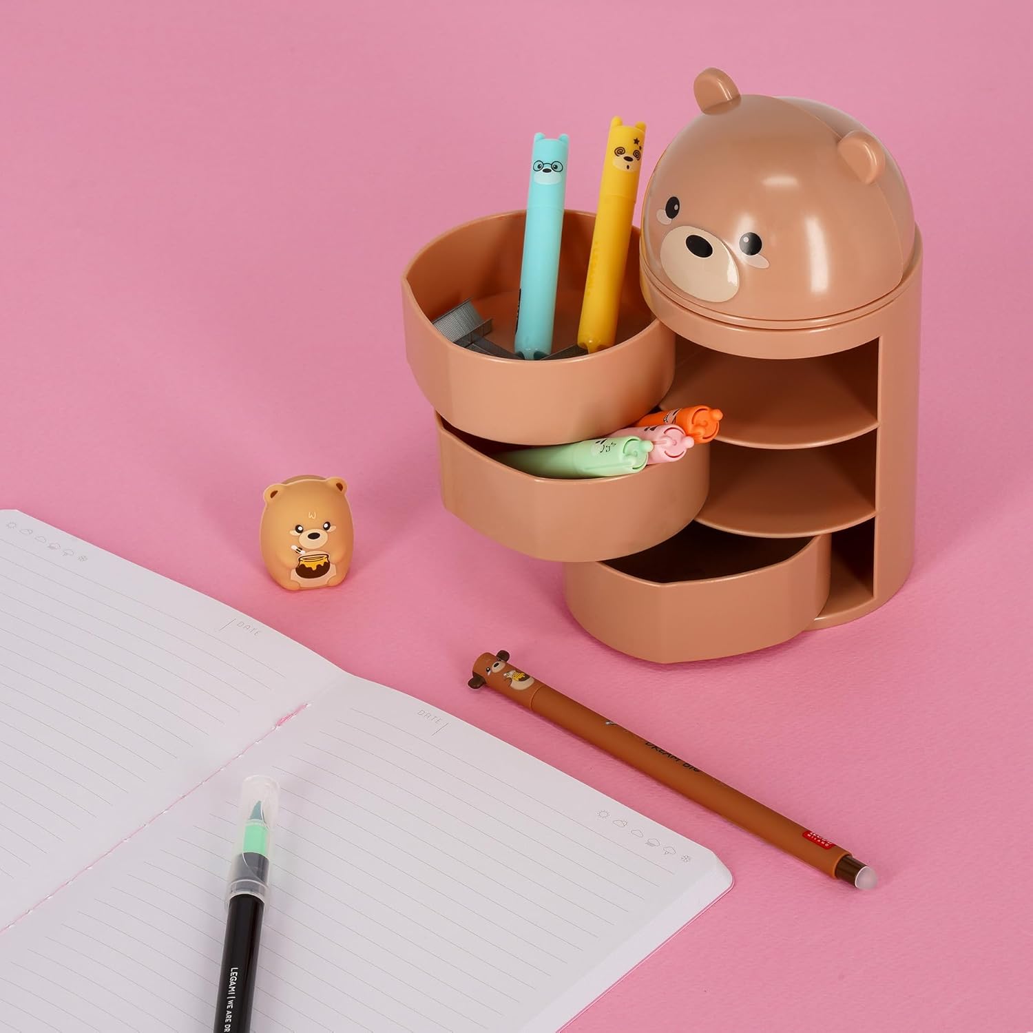Legami - Desk Organiser, Desk Organiser with 3 Side Opening Drawers, Top Compartment with Sliding Closure, Teddy Bear Theme