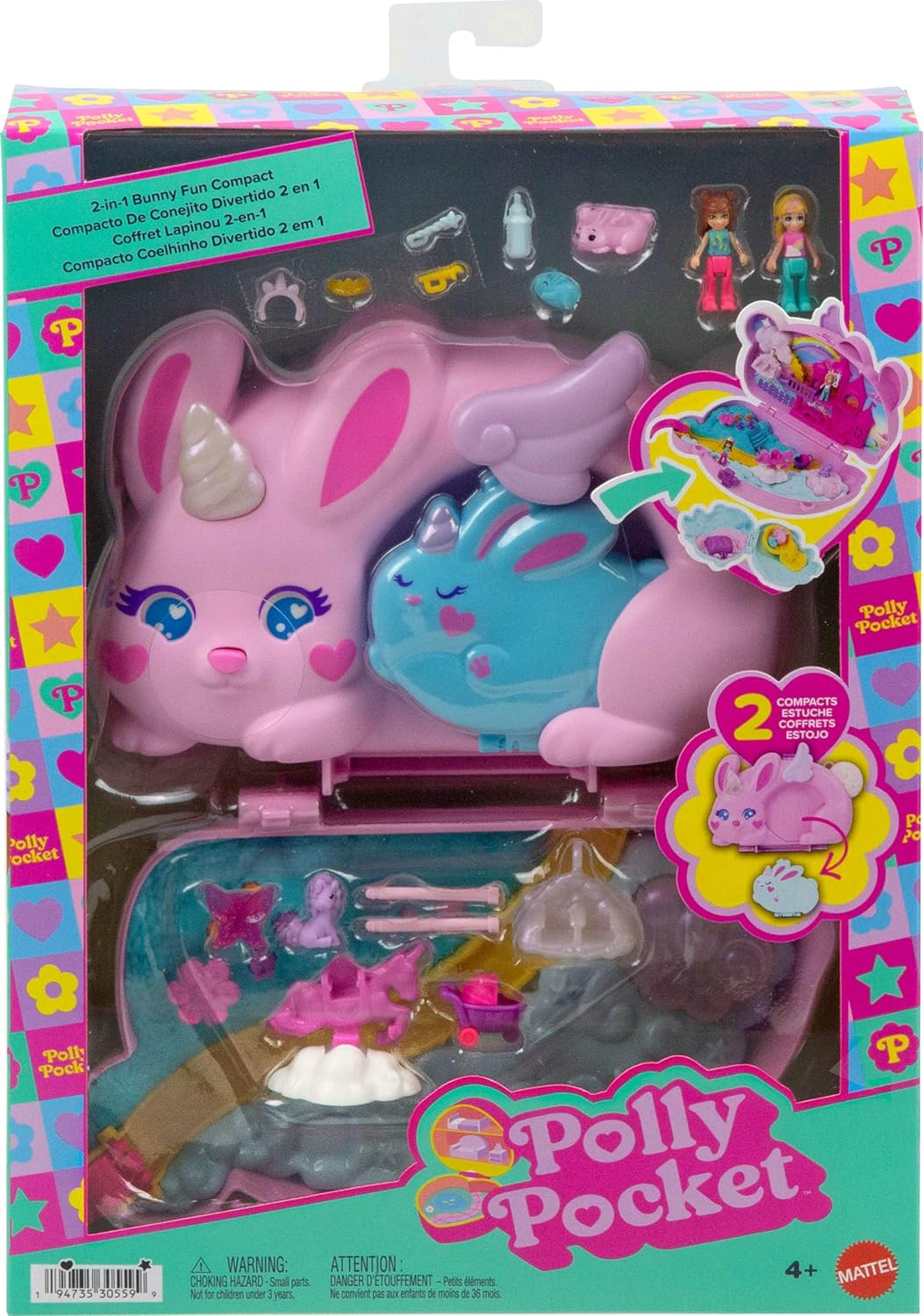 Polly Pocket Wearable Travel Toy with 2 Micro Dolls and 12 Accessories Including Pets, 2-in-1 Bunny Fun Compact Purse Playset with Bunny Unicorn Theme, JFT88