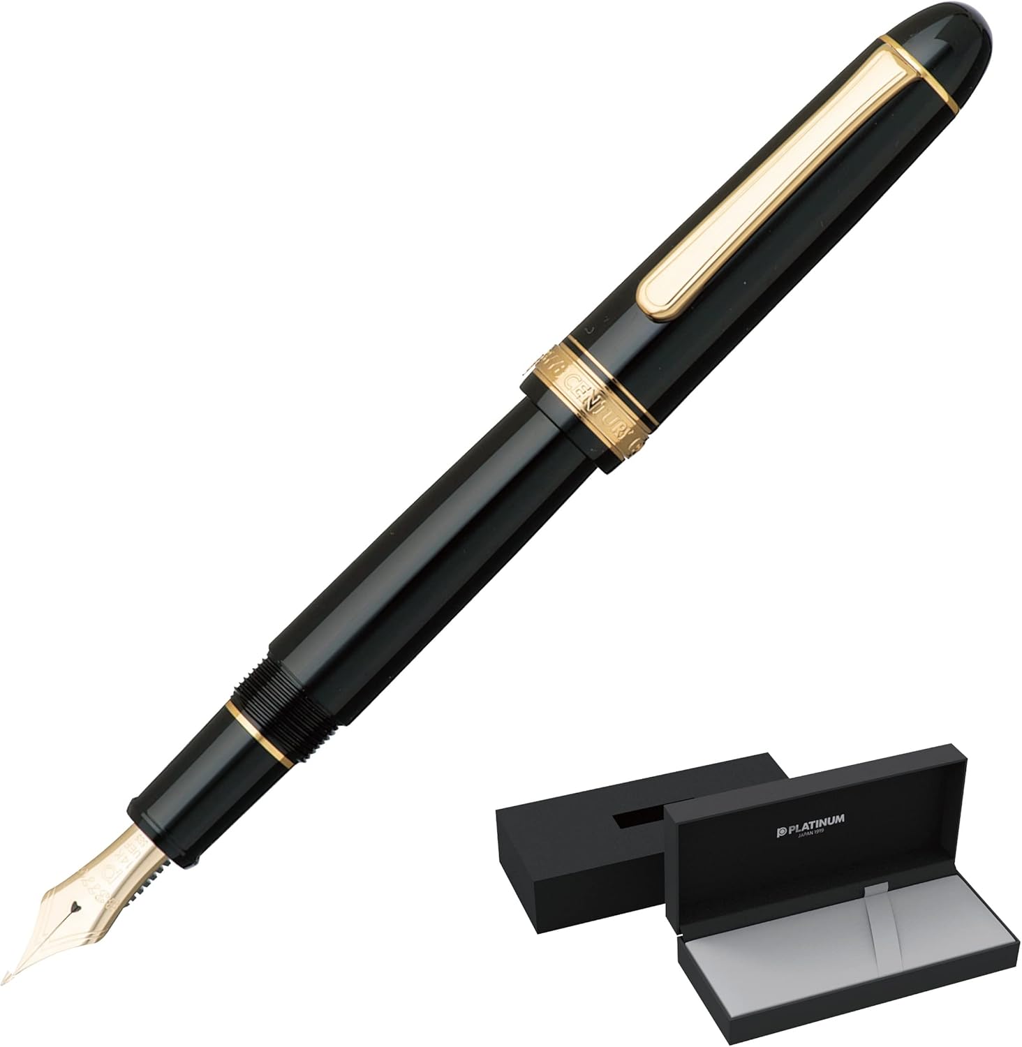 PLATINUM Japanese Fountain Pen #3776 Century Gold Trim Black in Black UEF/Black/0.18-0.24 mm/Handmade/14K Gold Nib with Gift Box/Fountain Pen
