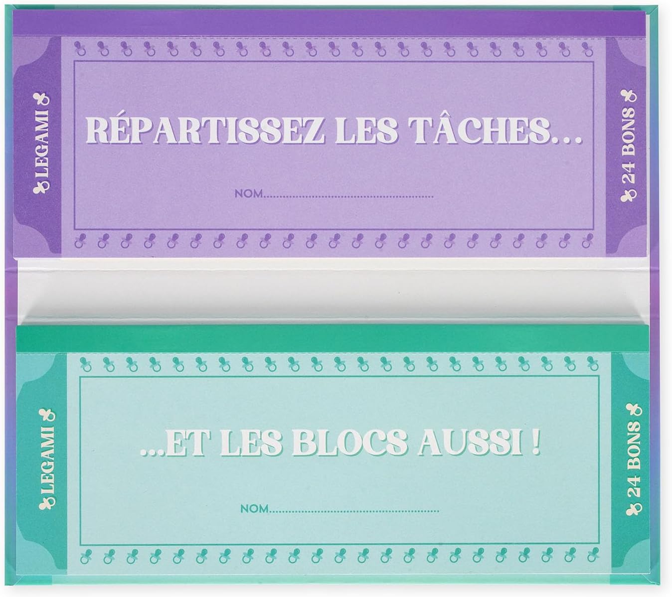 Legami - Bloc de 48 (24 + 24) bons d'achat pour les nouveaux parents en français, coupon à détacher, idée cadeau, thème des nouveaux parents, 20,3 x 8,4 cm