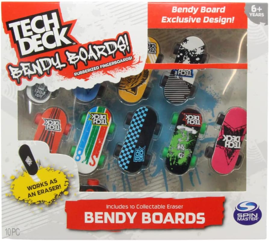 TECH DECK Bendy Boards - Juego de 5 patinetas de goma con ruedas de trabajo para usar como mini borradores coleccionables de patineta