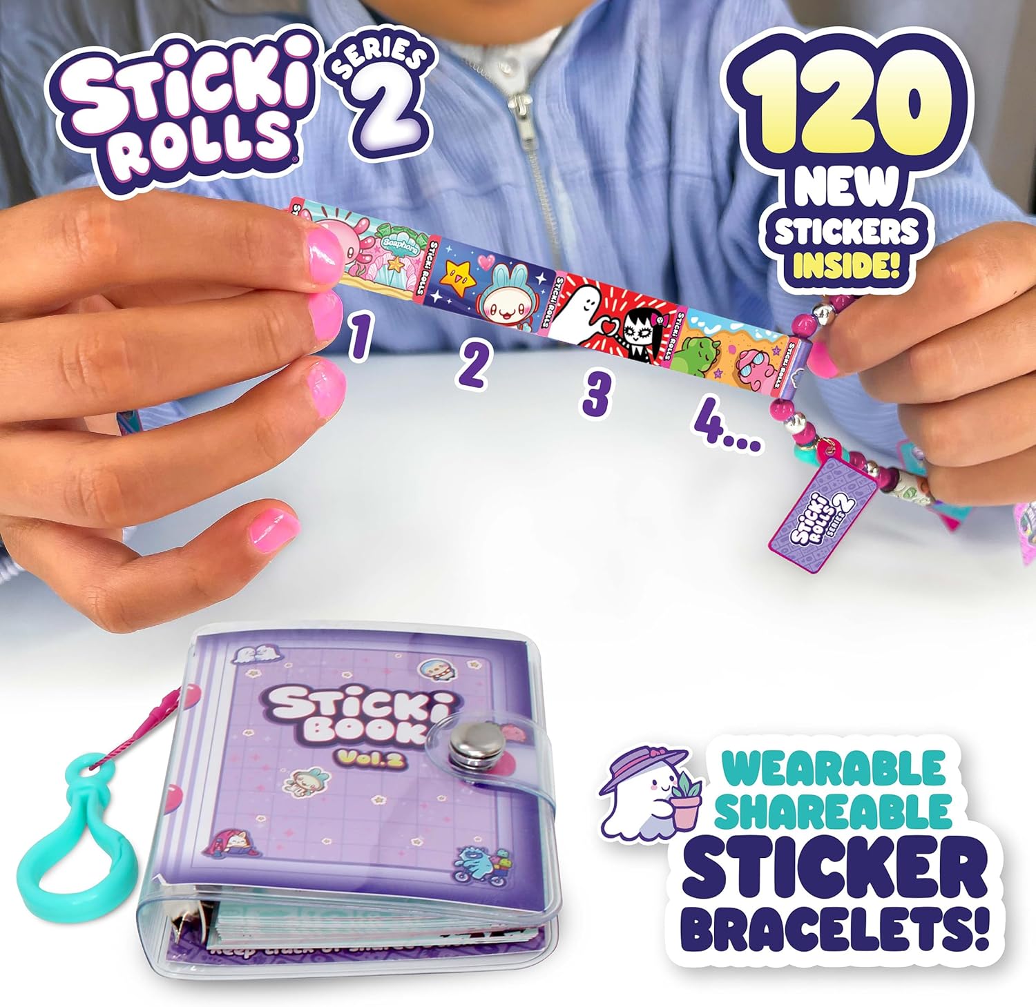 Sky Castle Sticki Rolls Sticki Book Series 2, Wearable & Shareable Sticker Bracelet, 120 Mini Stickers, Bracelet and Sticki Book, Assorted colours and styles