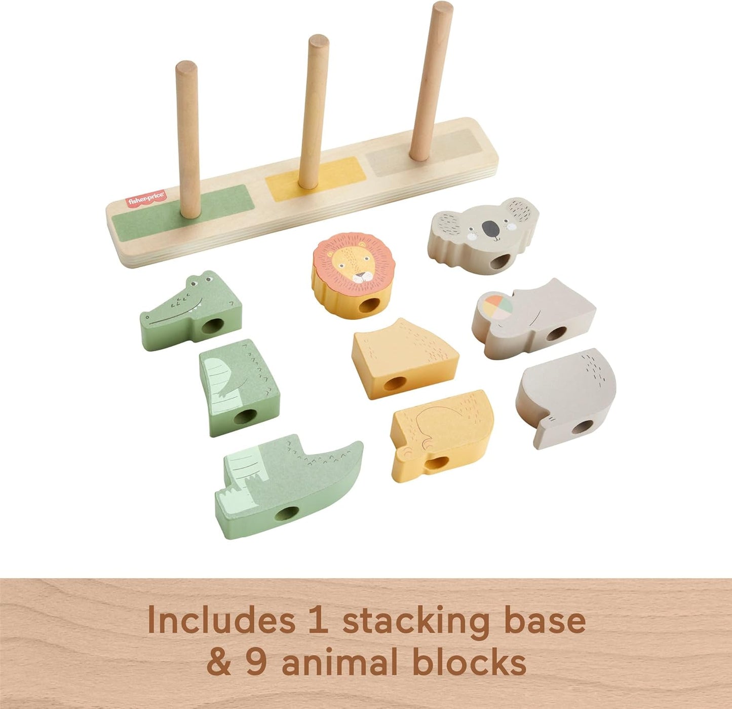 Fisher-Price Wood Baby Toy Stack & Sort Animals, 10 Wooden Pieces for Developmental Play for Infants & Toddlers Ages 1+ Years, HXV04
