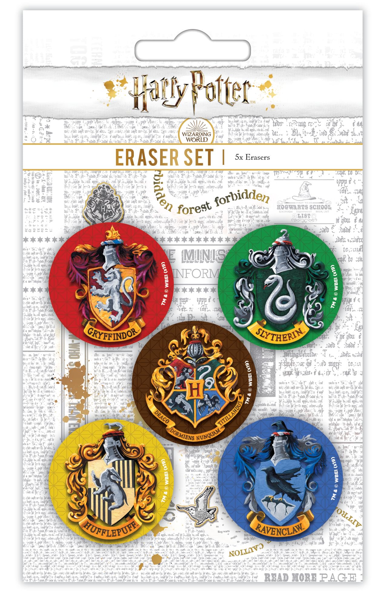 Harry Potter Radiergummi-Set 5 Stück (Hogwarts-Wappen-Design), Hogwarts-Häuser-förmige Radiergummis, Harry Potter-Schulbedarf, Gryffindor, Slytherin, Ravenclaw, Hufflepuff – offizielles Merchandise
