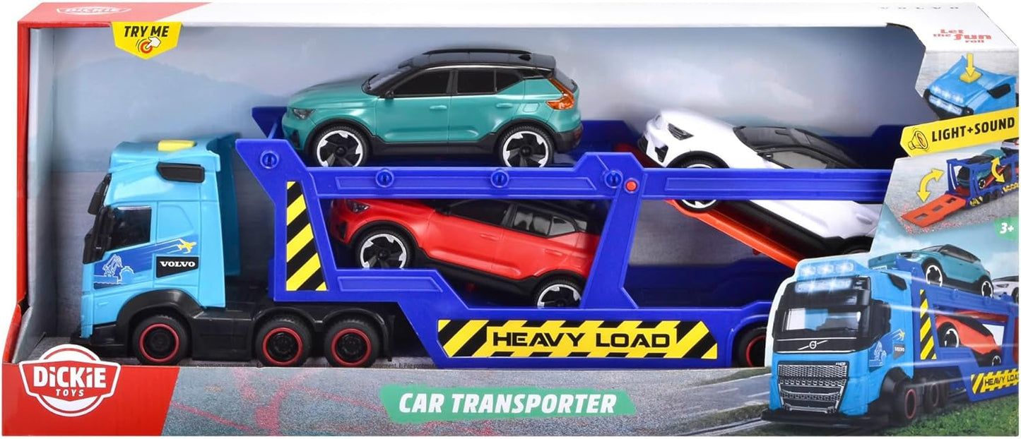Dickie Toys -Trailer Trasportatore per Auto Volvo 40 cm- Camion FH16 con Rimorchio, Include 3 Auto XC40 Recharge, Effetti di Luce e Suoni, Giocattolo per Bambini a partire da 3 Anni (203747017