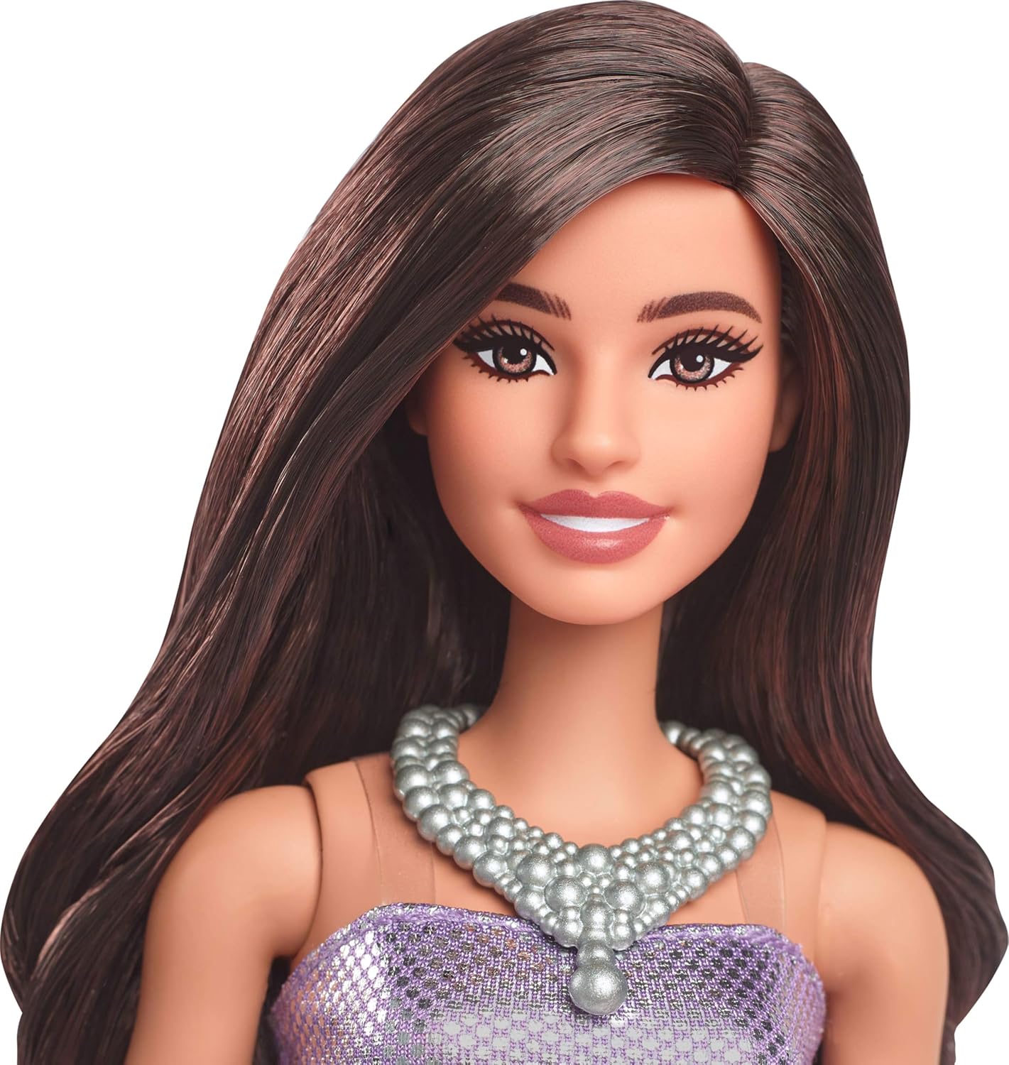 Barbie Fashionistas Doll #234 with Brown Hair, Wearing Sequined Purple Bubble Dress with Satiny Skirt, Silvery Necklace and Heels