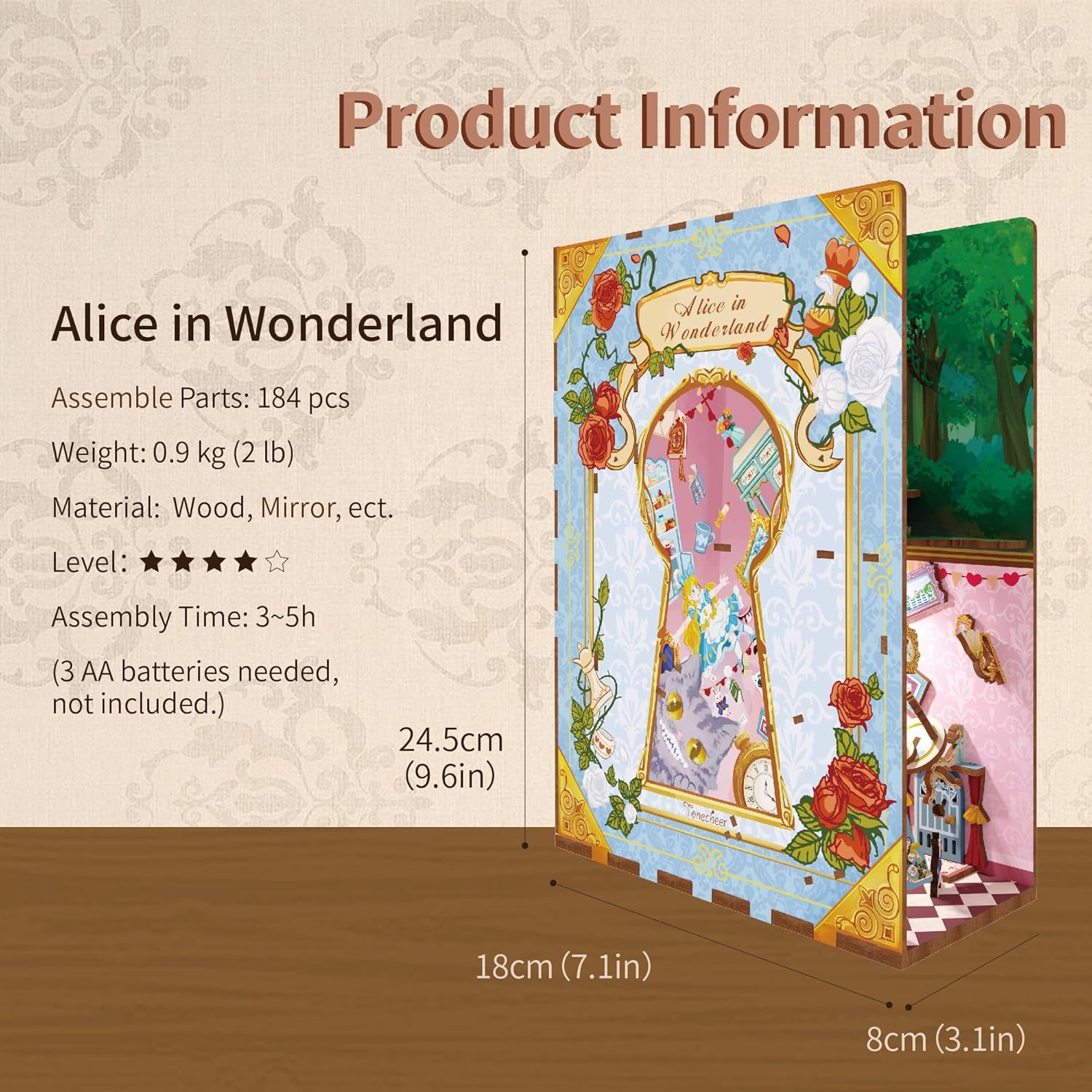 Tonecheer DIY Book Nook Kit Wooden Model Kit 3D Puzzle for Adults to Build Miniature House Kit Dollhouses Miniature House Kit Craft Kit with Light Christmas Birthday Gifts(Alice in Wonderland