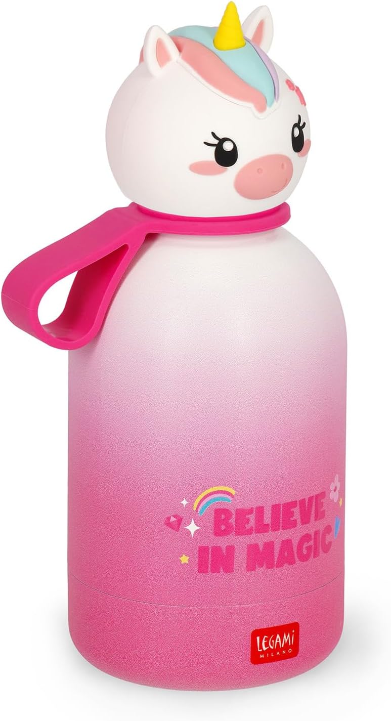 Legami - Hot & Cold BFF Children's Thermal Bottle, Unicorn Theme, in 18/8 Stainless Steel, Double Layer with Airtight Closure, Keeps Hot for 12h and Cold 24h, Capacity 310 ml