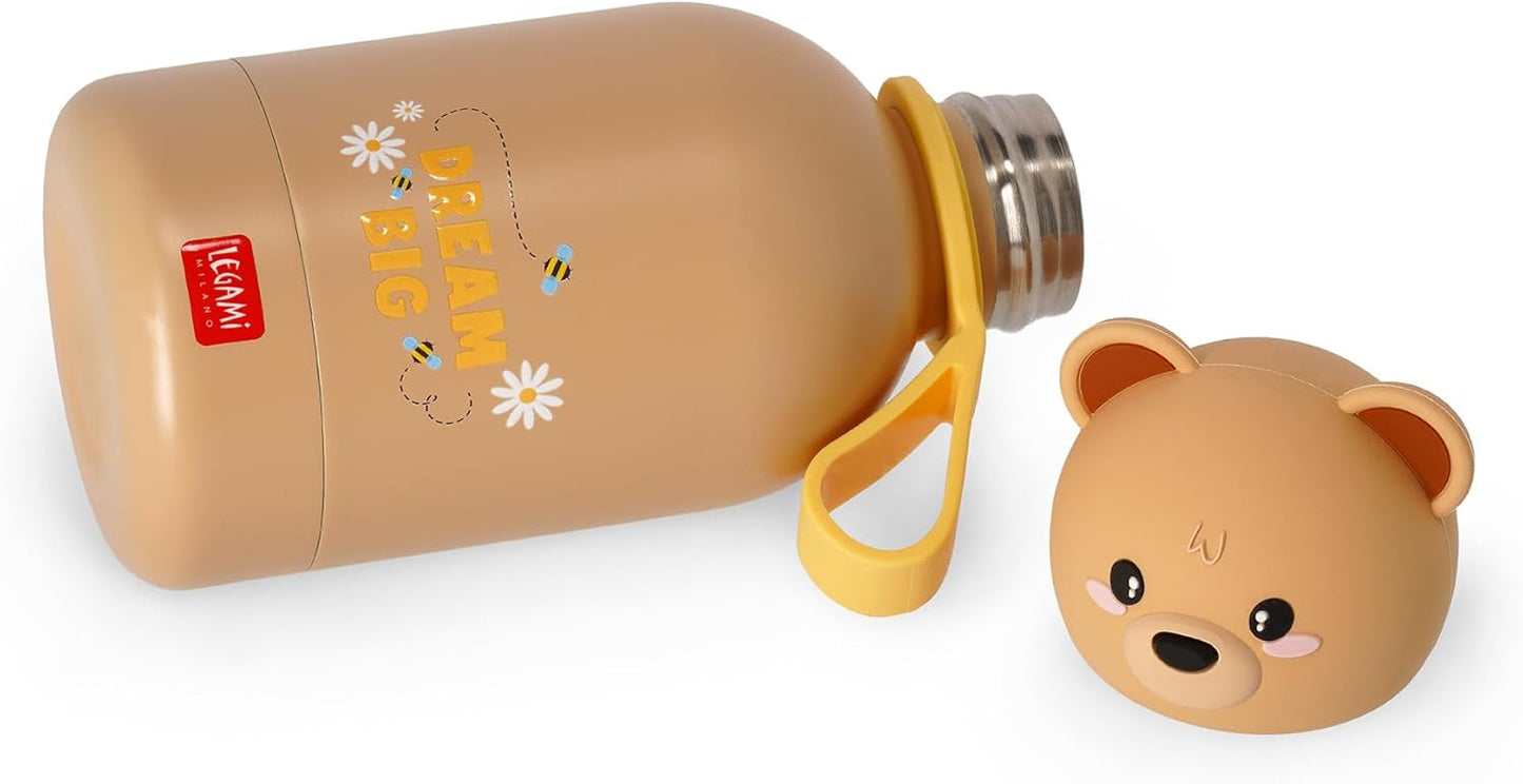 Legami - Hot & Cold BFF Thermal Bottle for Children, Teddy Bear Theme, in 18/8 Stainless Steel Double Layer with Airtight Closure, Keeps Hot for 12h and Cold 24h, Capacity 310 ml