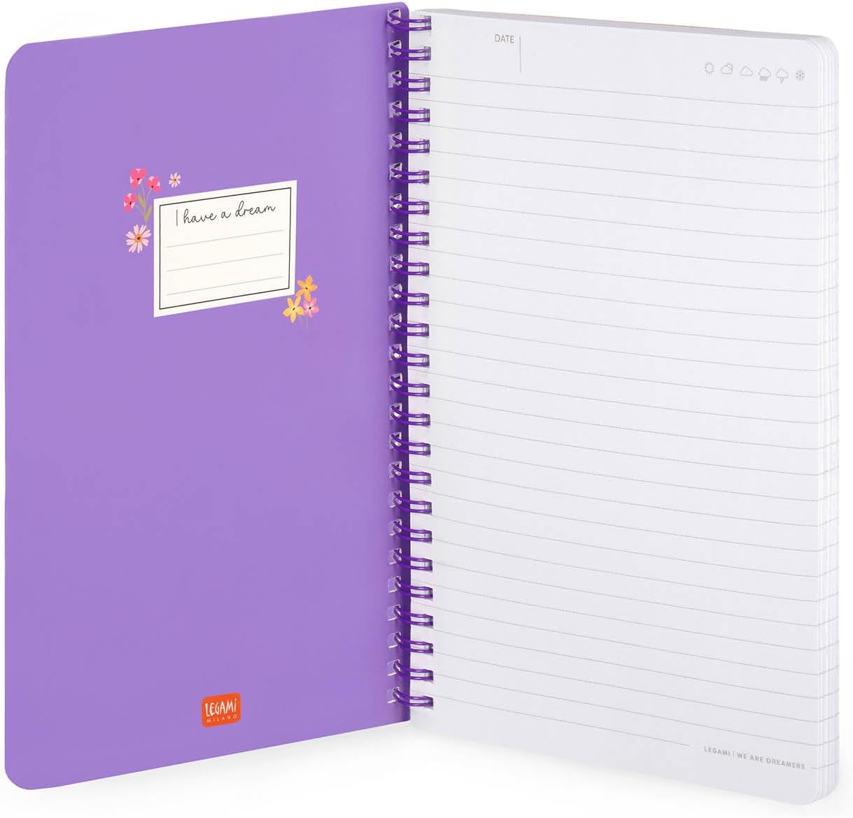 LEGAMI - Spiral Notebook with 7 mm Ruling, Flowers, A4 Format, Large, FSC Certified Paper, Includes 1 Sheet of Stickers, 160 Pages, Elastic Closure, 15 x 21 cm