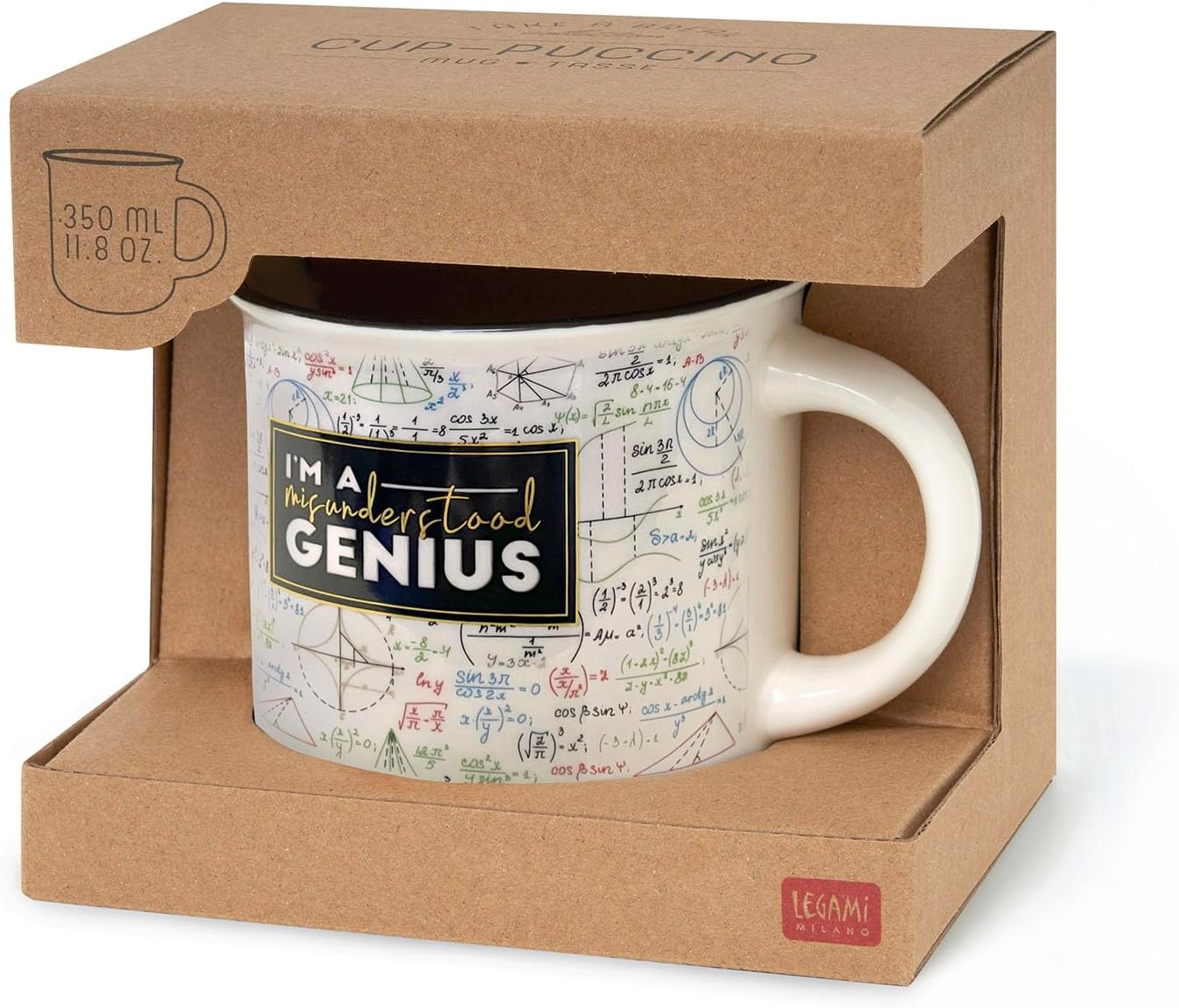 Legami - Cuppuccino Mug, New Bone China, Breakfast Cup, Dishwasher Safe Coffee Tea Mug, Diameter 10 cm, Capacity 350 ml, Genius Theme