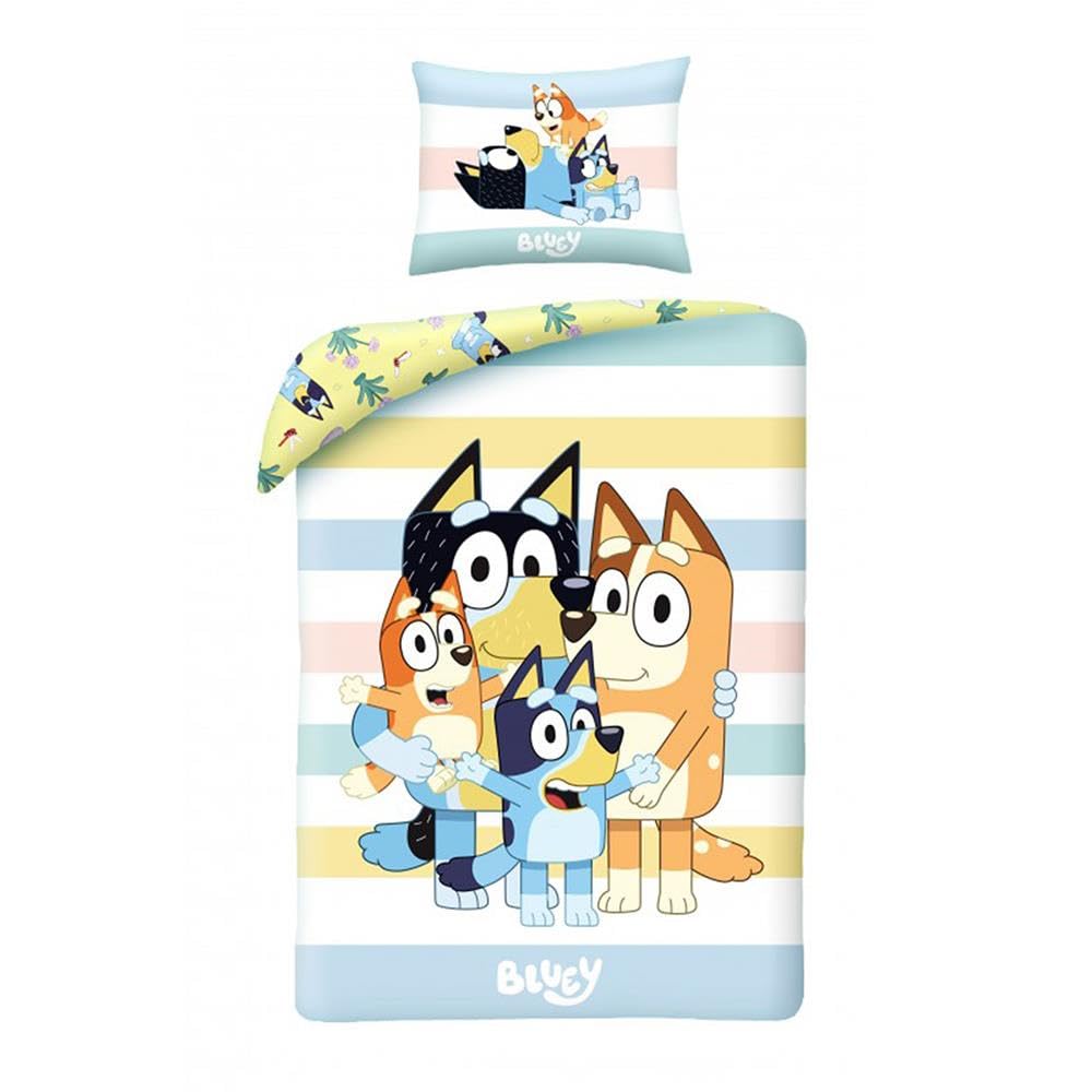 Halantex Set Letto BLUEY Famiglia Cagnolini Bluey Bingo Bandit Chilli - Copripiumino Reversibile 140x200cm e Federa 70x90cm - Multicolore - 100% Cotone