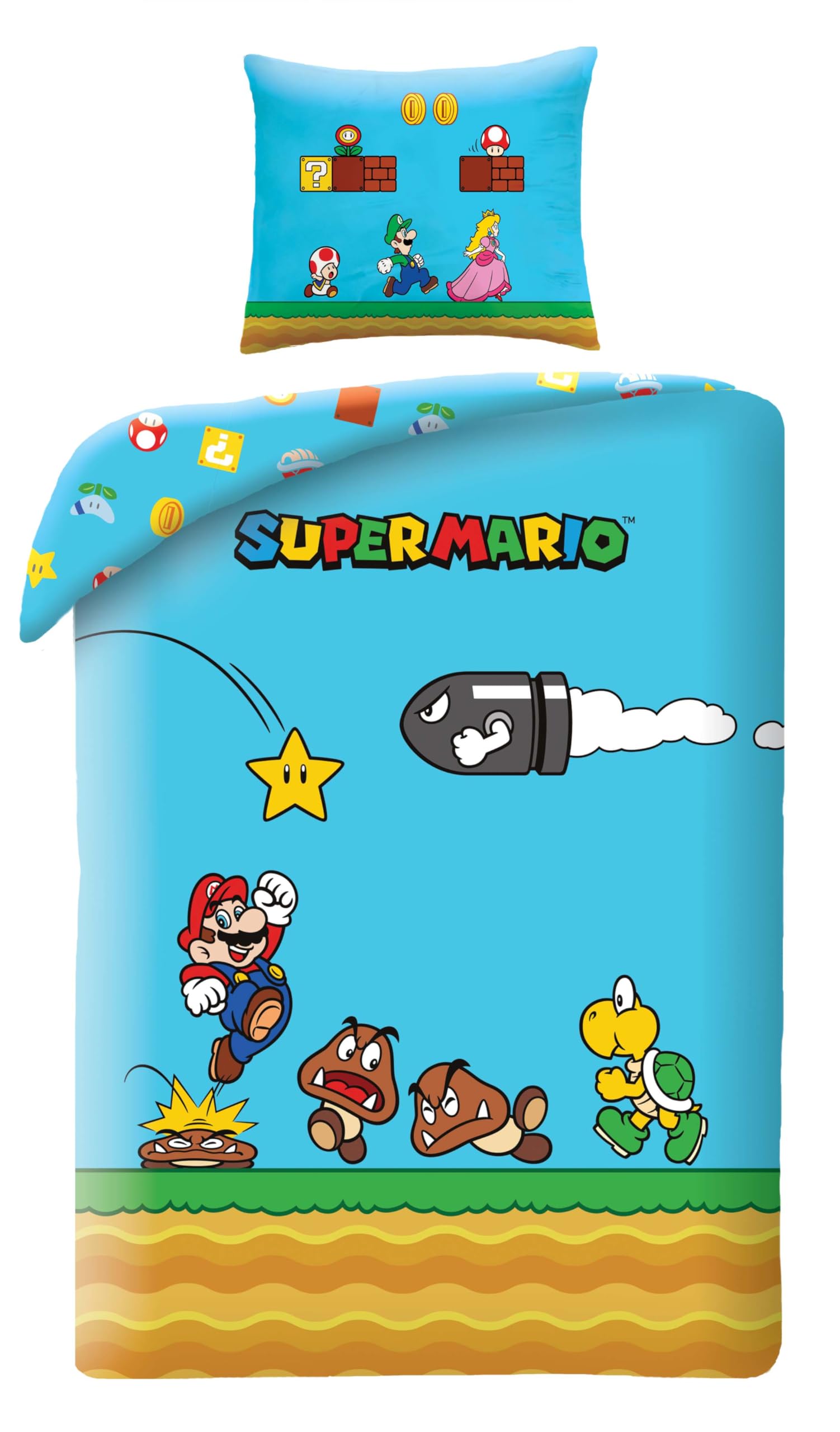 Super Mario Blue Bedding Set, Duvet Cover 140 x 200 cm + Pillowcase, 100% Polyester