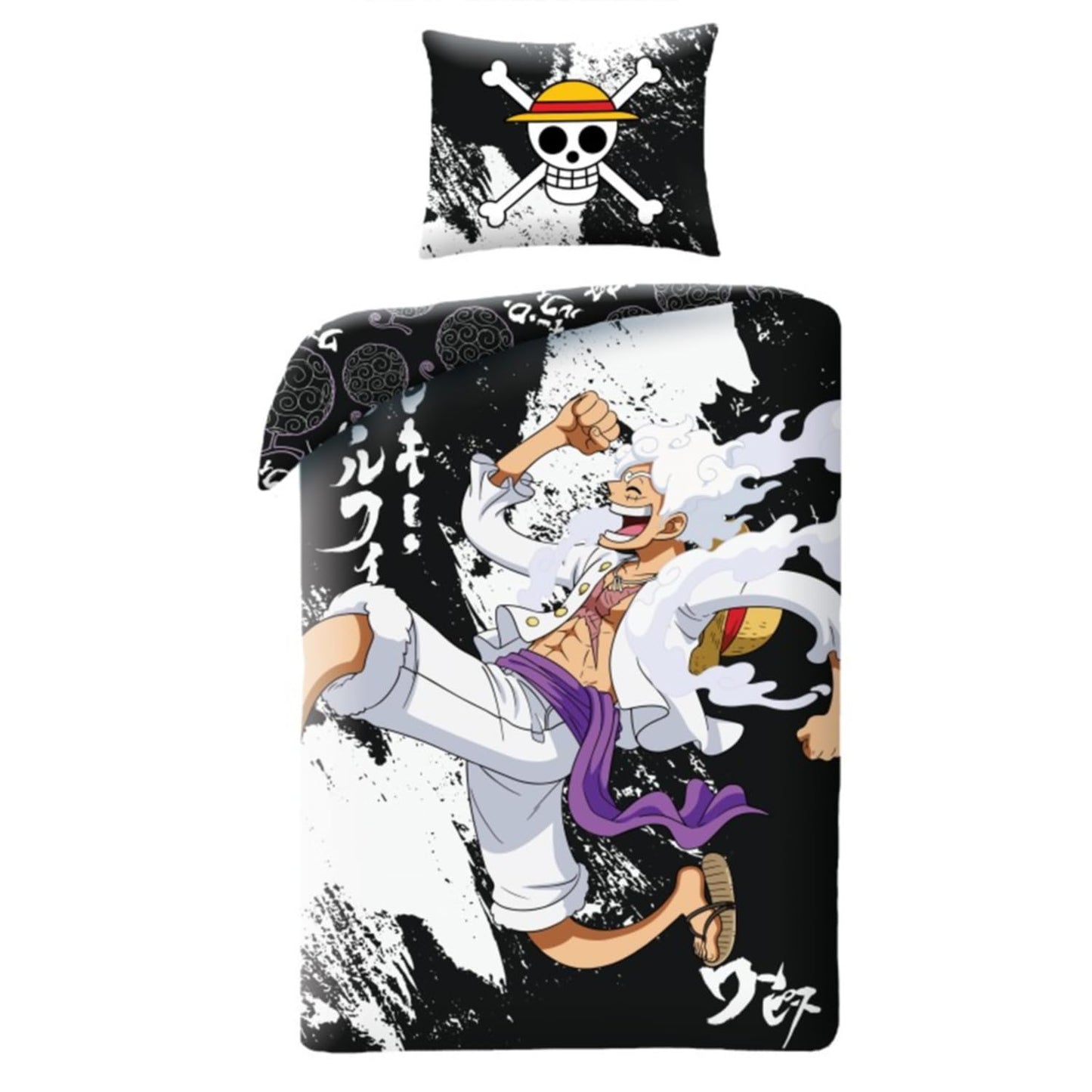 Halantex GEAR5 Monkey D. Luffy One Piece Bed Set – Duvet Cover 140 x 200 cm with Pillowcase 70 x 90 cm – 100% Cotton Oeko-Tex – Black