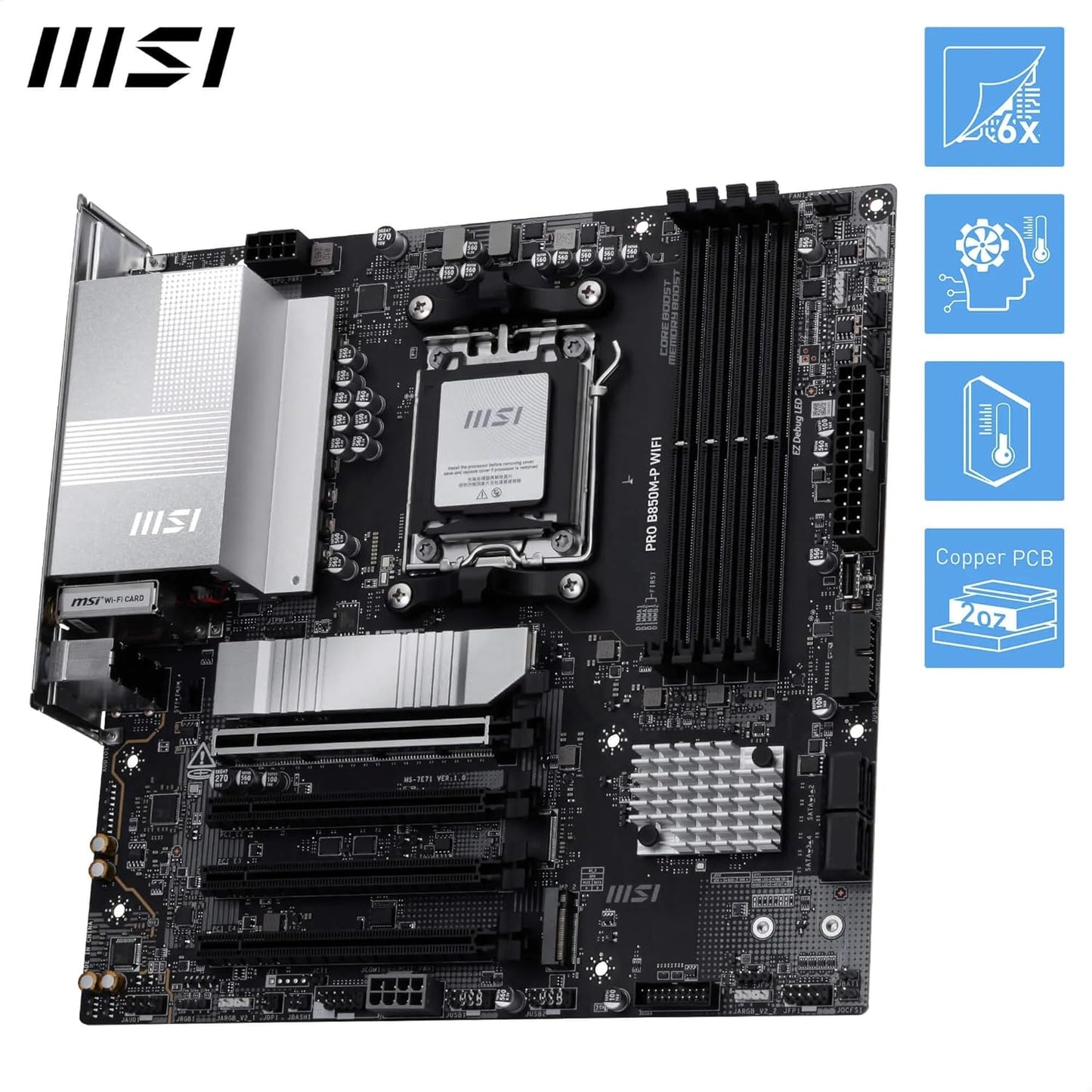 MSI PRO B850M-P WIFI Motherboard, mATX - Supports AMD Ryzen 9000/8000 / 7000 Processors, AM5 - DDR5 Memory Boost (8200+ MT/s OC), PCIe 5.0 x16 & 4.0 x16, M.2 Gen5, Wi-Fi 7, 5G LAN