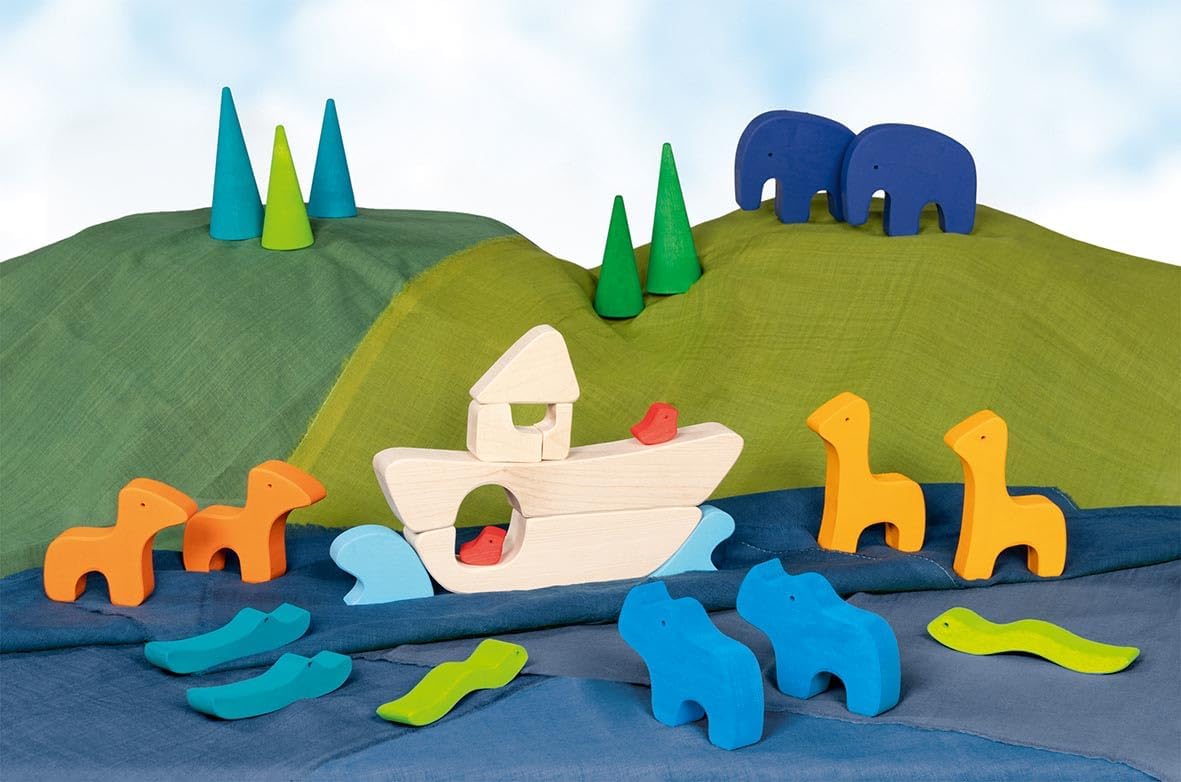 goki Evolution 51454 Designspel Ark van Noach van hout, 21-delig houten speelgoed met dieren en schip, Made in Europe