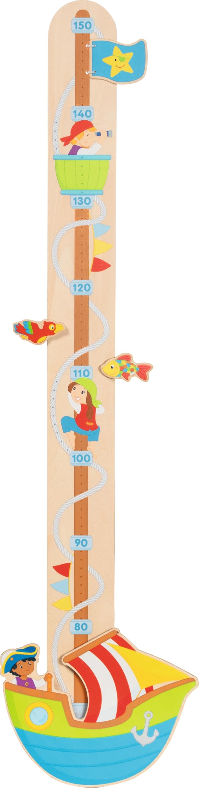 goki 60660 - meetlat piraten AHOI van hout, 80-150 cm voor kinderen incl. 2 klemmen als vis en papagai, schip en schattige zeelieden als motief bij de groeimeter, 92 cm x 22 cm, set van 3, vanaf 1