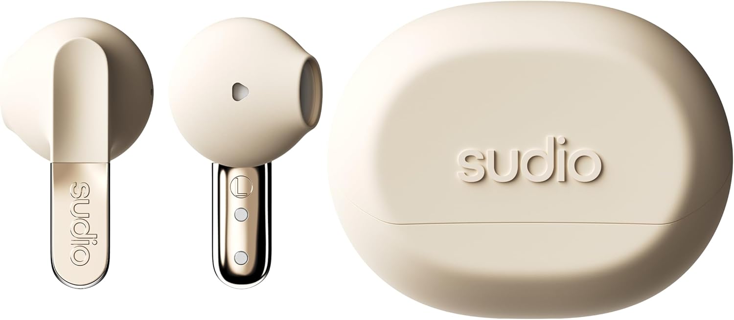 Sudio N3 Beach Sand - the earbuds from day to night. Long playback time of 5.5 hours, 30 hours total, water-resistant, improved microphones to take calls, Bluetooth 5.4