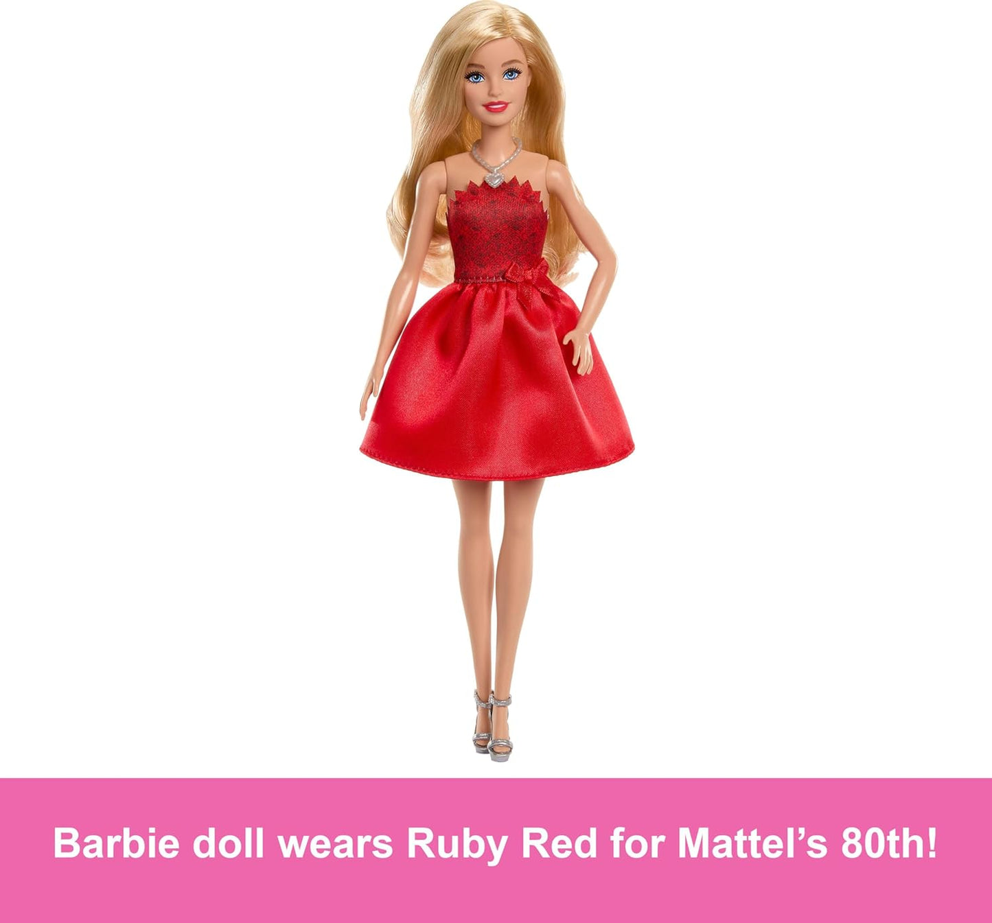 Rubinrote Blonde Barbie-Party-Modepuppe zum 80. Jubiläum von Mattel in einem roten Kleid mit silbernen Schuhen und Halskette, Sammelspielzeug, JGD25