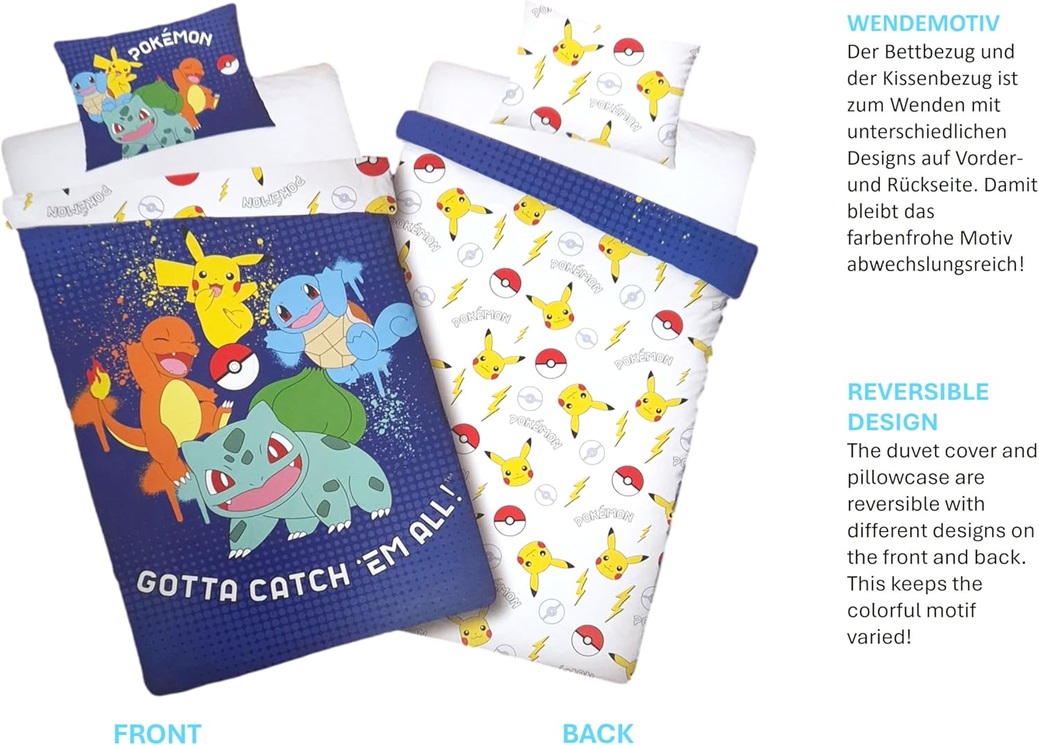 Kinder Bettwäsche Wendebettwäsche Kinderbettwäsche Öko-Tex Bettbezug 140x200 und Kissenbezug 70x90 Pokemon mit Pikachu, Glumanda, Schwertkäfer und Bulbizarr