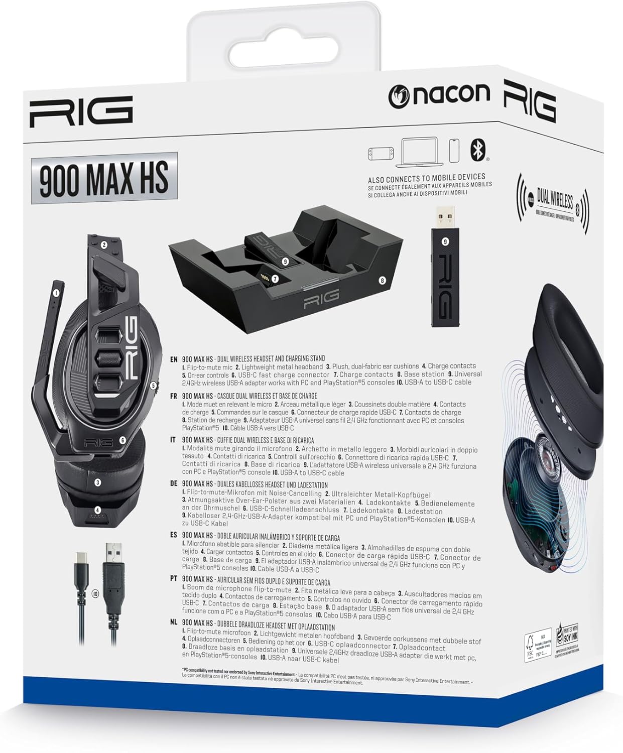 Gaming-headset en Bluetooth-basisstation, 2,4 GHz verbinding, 60 uur, officiële Playstation 5, compatibel met pc RIG900