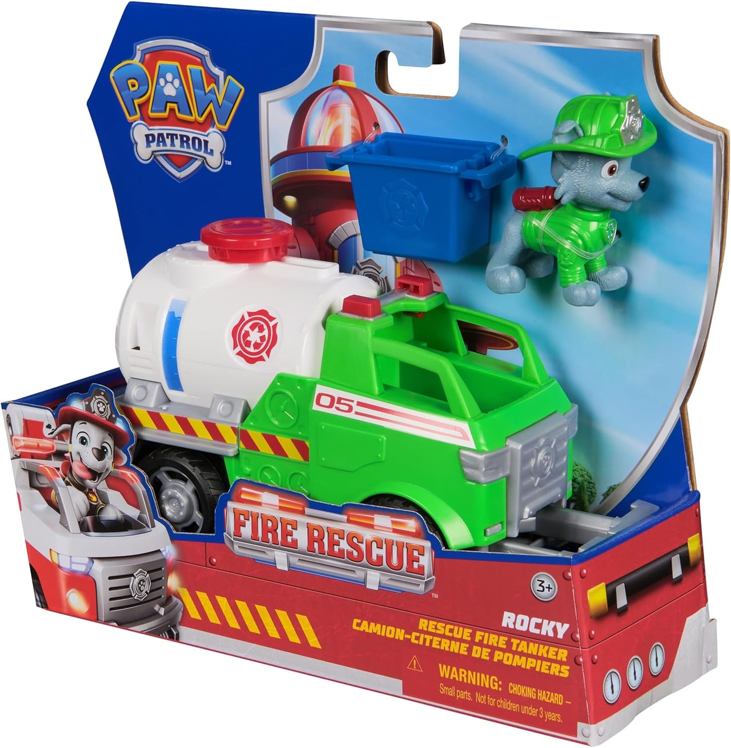 Paw Patrol Fire Rescue: Rocky Rescue Fire Tanker with Action Figure, Grab Claw and Toy Truck, Kids Toys for Boys and Girls Ages 3 and Up