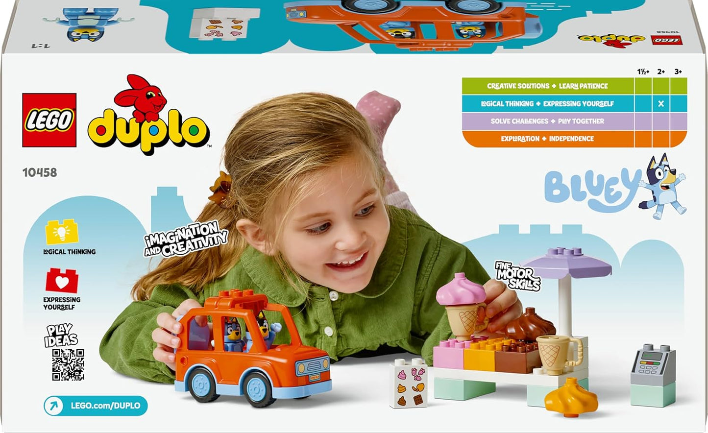 LEGO DUPLO Bluey: Ice Cream Trip with Bluey - Educational Motor Skills Toy for Toddlers, with a Toy Car and Ice Cream Stand, plus 2 Figures incl. Bandit - Gift for 2+ Year Old Girls & Boys - 10458