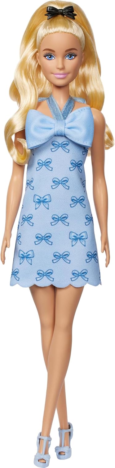 Barbie Fashionistas Doll #237 with Wavy Blonde Ponytail Wearing Blue Bow Halter Dress, Black Hair Bow Accessory and Matching Blue Heels