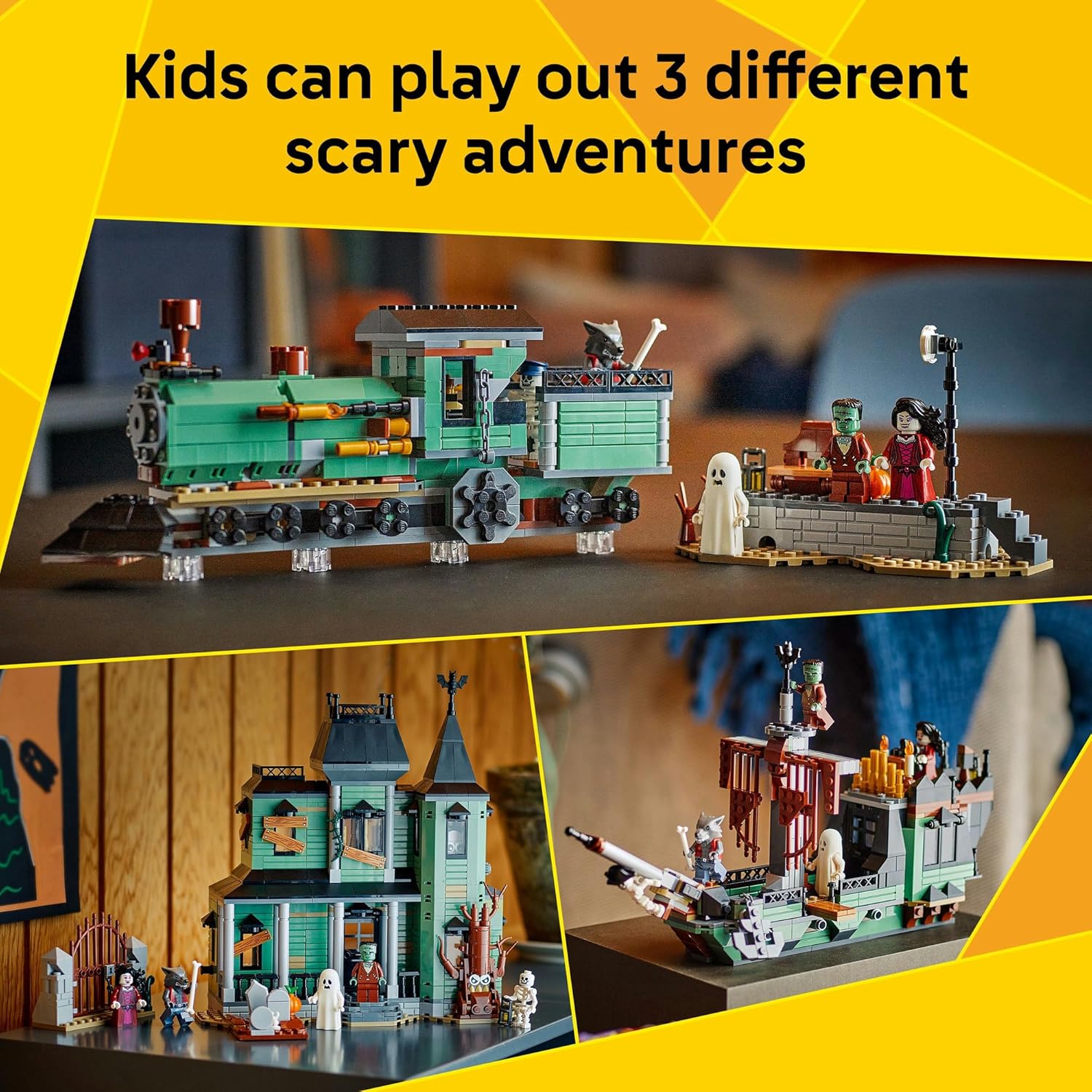 LEGO Creator 3in1 Spookhuis Bouwspeelgoed, Bouw Om tot Spookschip of Spooktrein, Set met 5 Enge Minifiguren, Halloweencadeau voor Jongens en Meisjes Vanaf 9 Jaar 31167