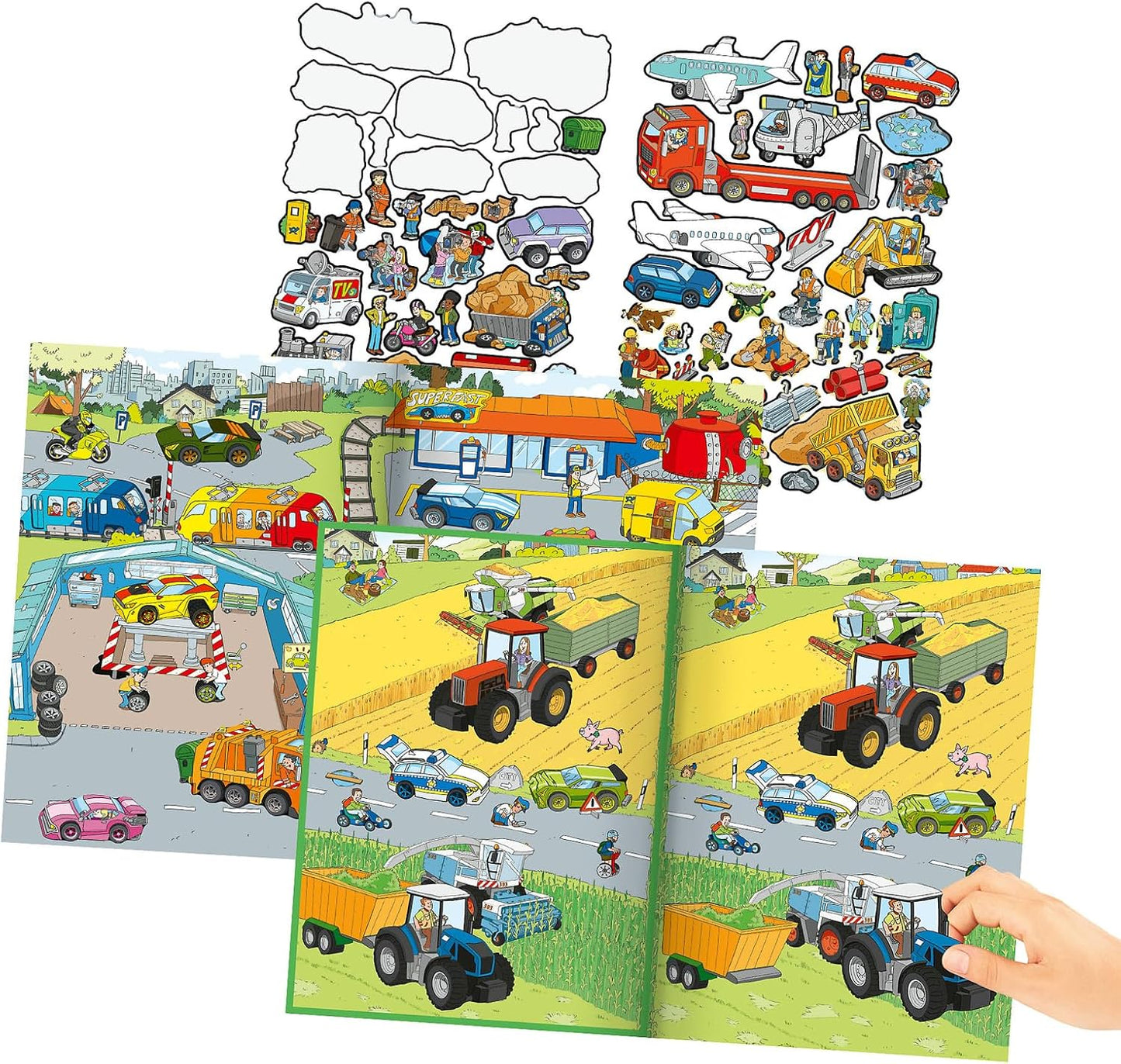 Depesche 13807 Create Your Action World Colouring Book with 24 Pre-Printed Background Pages for Designing City and Country Life, Set Including 270 Stickers